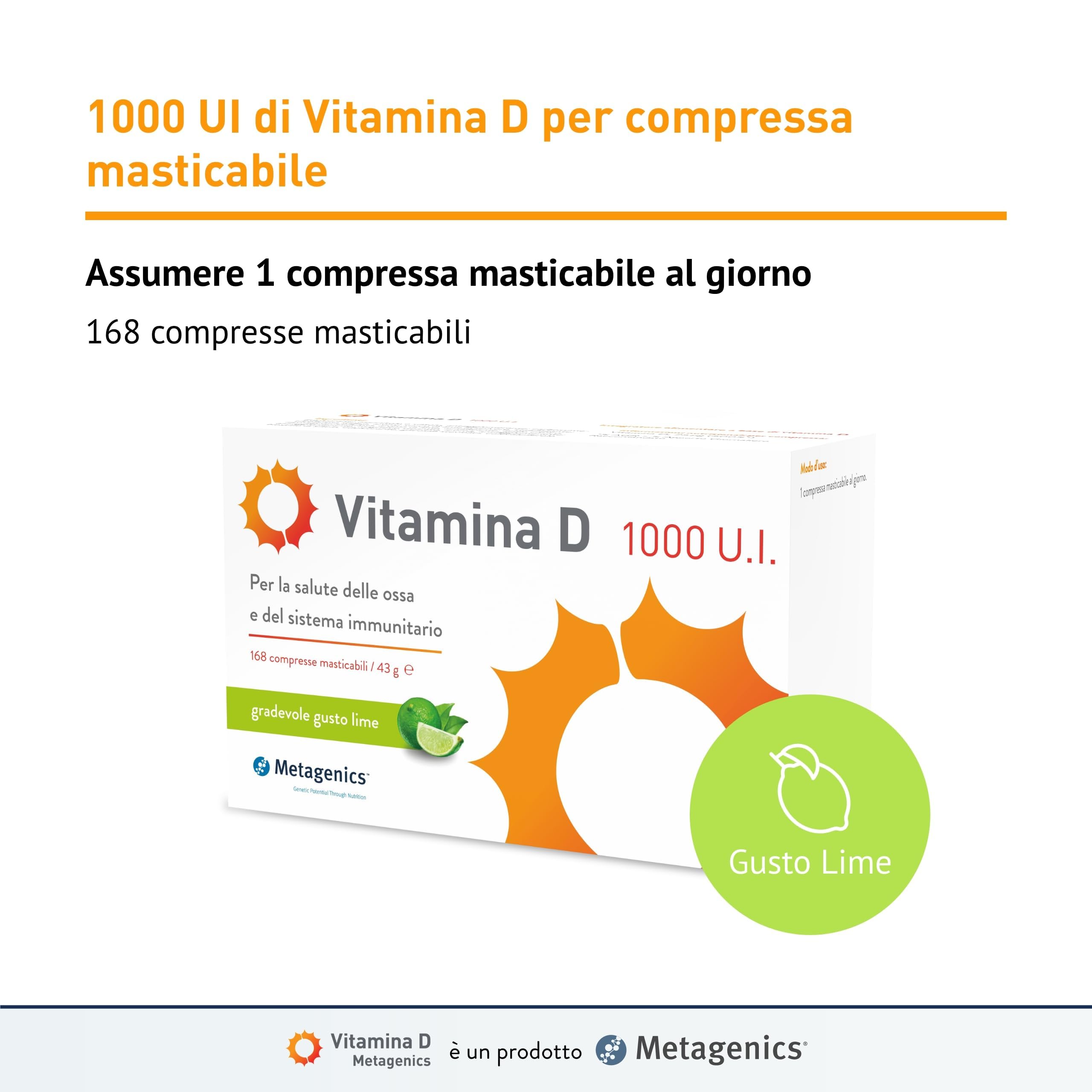 Metagenics Vitamina D 1000 U.I. - Integratore Sistema Immunitario - Per la Salute delle Ossa - 168 Compresse Masticabili