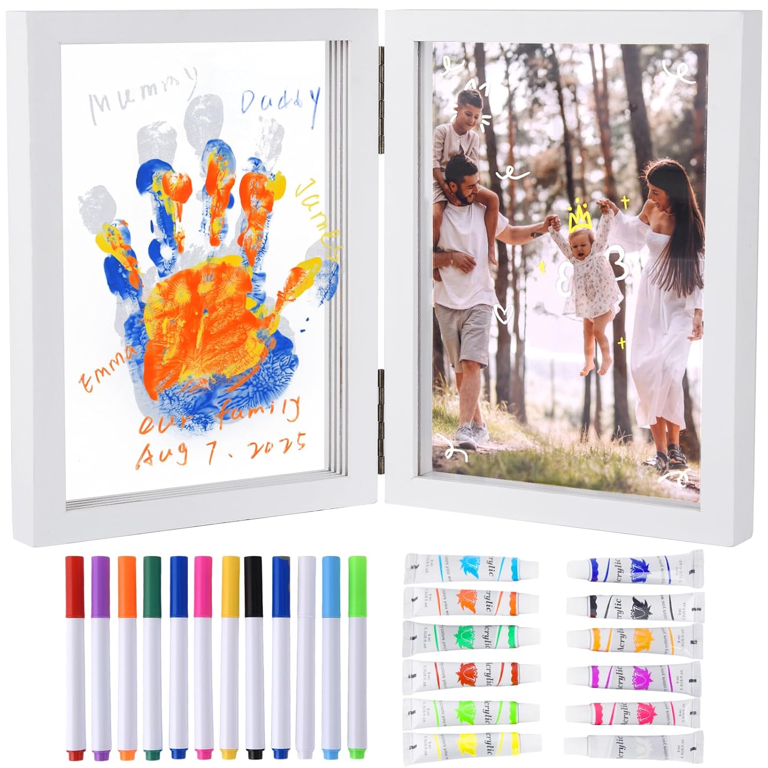 Family Handprint Photo Frame with 12 Paints & 12 Pens, 5 Transparent Sheets, Gift for Mom Dad Grandparents from Kids (White)