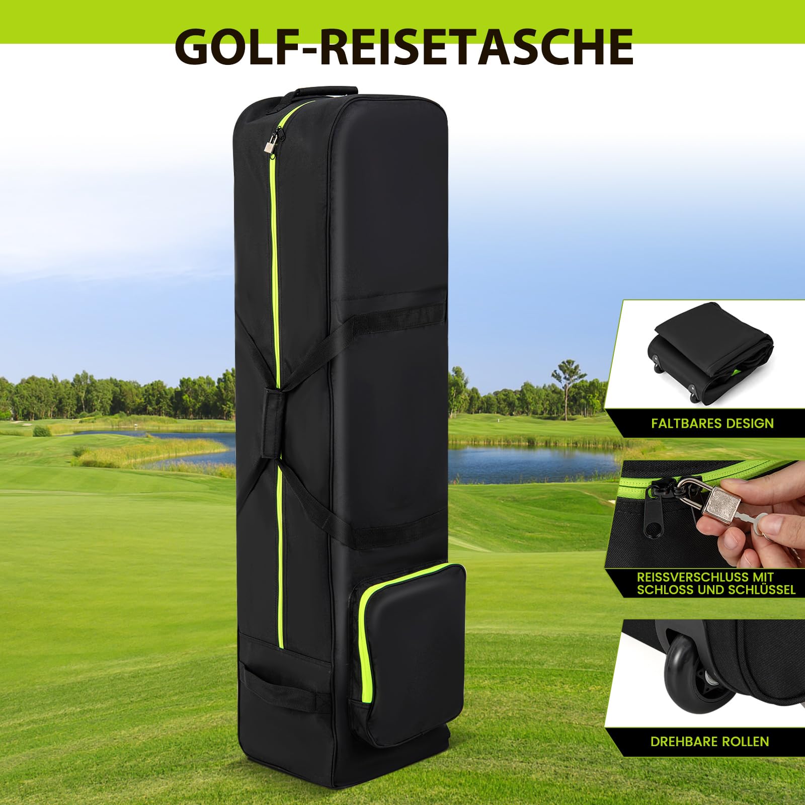 COSTWAY Golf Reisetasche mit Rädern, Golfbag faltbar für Fluglinien mit Schlüssel & Aufbewahrungstasche, Golftasche Golfschlägertasche für Reisen und Flüge