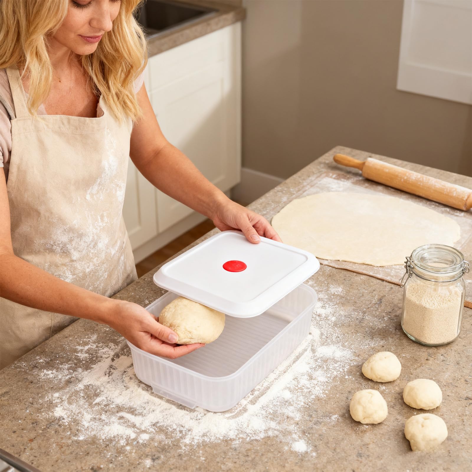 Pizzateig Box mit Deckel 31 x 23 x 9 cm, Backset mit 3 Helfern | Transparenter Teigbehälter zeigt die Teigentwicklung und ergänzt das Vorbereiten von Pizza oder Brot mit drei Backhelfern.