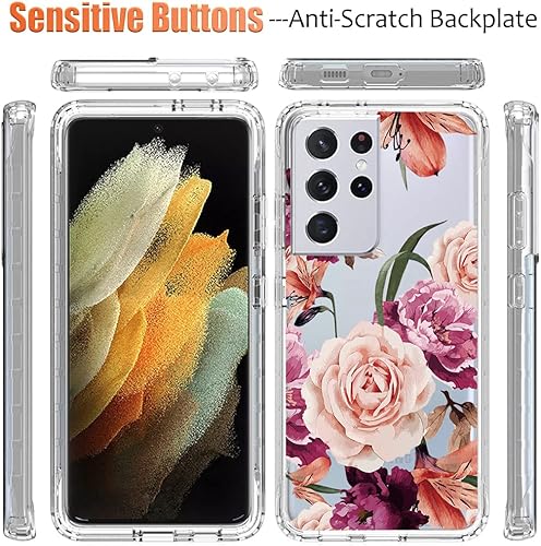 Miniatura 5 de Funda para Galaxy S21 Ultra, SM-G998U con protector de pantalla de vidrio templado, diseño floral a prueba de golpes, funda protectora de cuerpo
