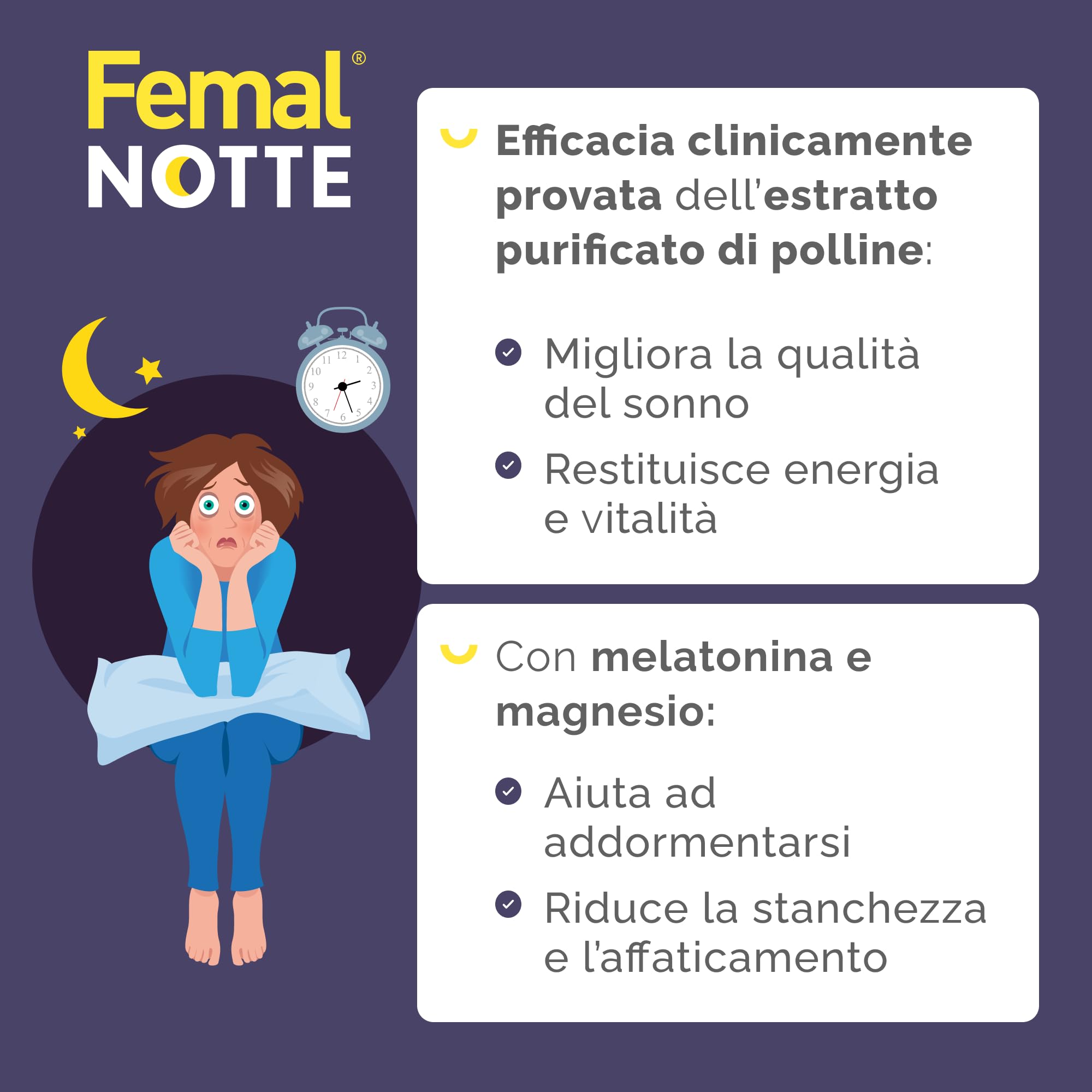 Femal Notte Menopausa, 30 Capsule, Integratore Alimentare Naturale Non Ormonale per contrastare i disturbi del Sonno, Estratto di Polline, Melatonina e Magnesio, Senza Glutine