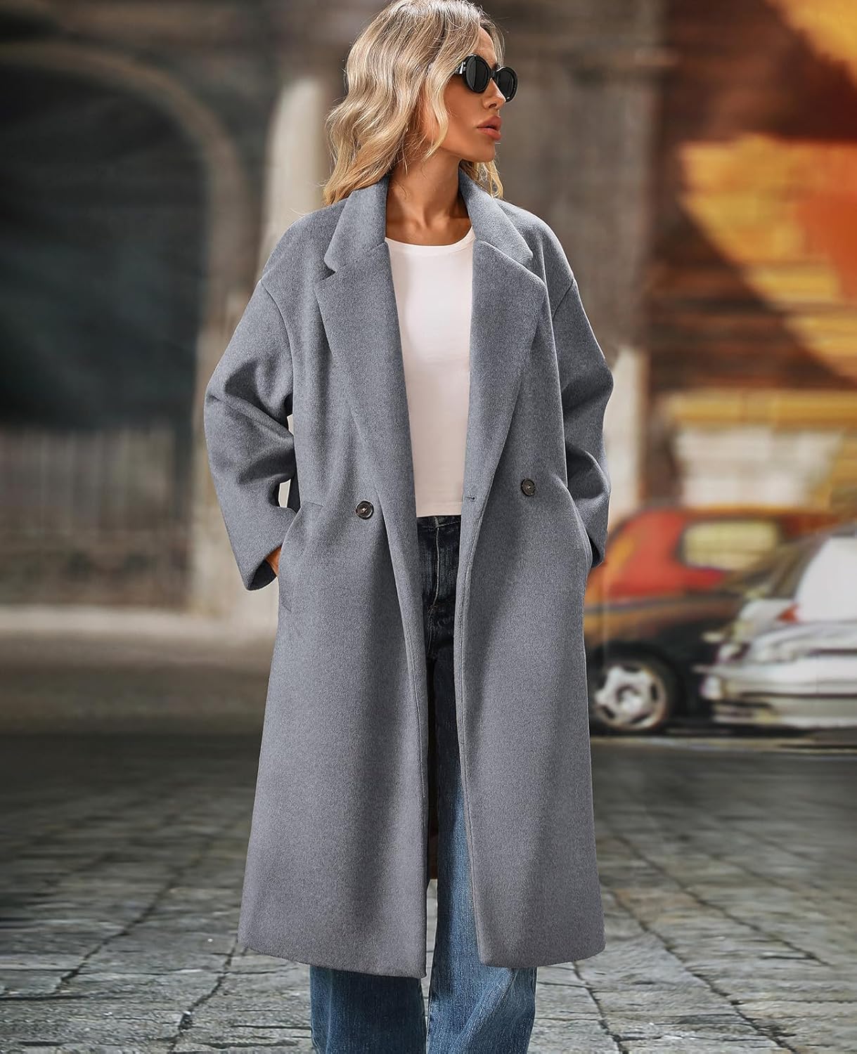 Women's Winter Wool Coat Double Breasted Long Sleeve Notch Lapel Oversized Long Peacoat
