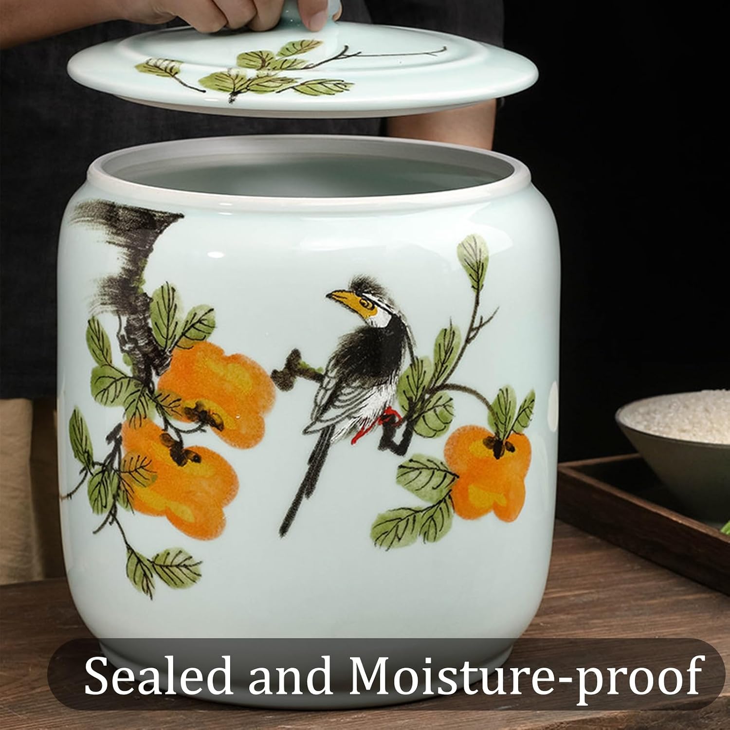 Ceramic Rice Jar, Household Rice Cylinder with Lid, Cereal Container for Kitchen, Airtight Grain Storage Container for Soybeans, Corn, Flour, Oatmeal(10.2x12.2in/26x31cm)