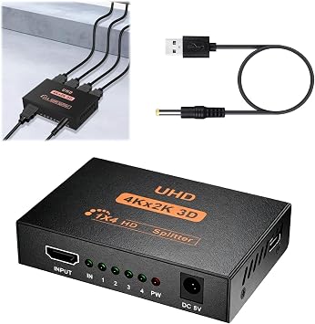 HDMI Splitter 1 in 4 Out 4K HDMI Splitter 4 Port Multi Display Adapter 1 Input to 4 Outputs 4 Way Hdmi Distributor for PC Laptop HDTV Projector Xbox PS5/PS4/PS3 Blu-ray DVD Fire Stick Not Extend
