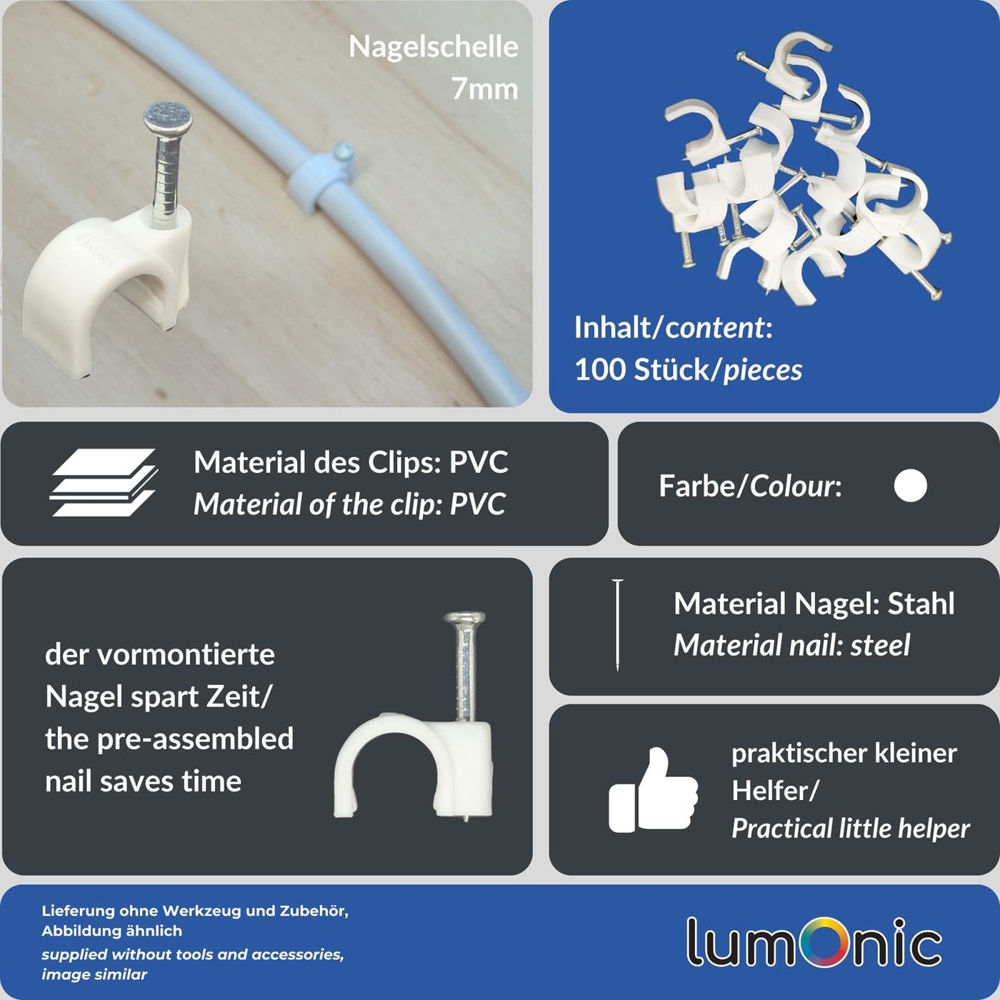 Lumonic 100x abrazadera de clavo 7mm para cable blanco - abrazadera de cable con clavo 18mm p.ej. para montaje en pared - abrazaderas de cable diferentes tamaños 4-14mm
