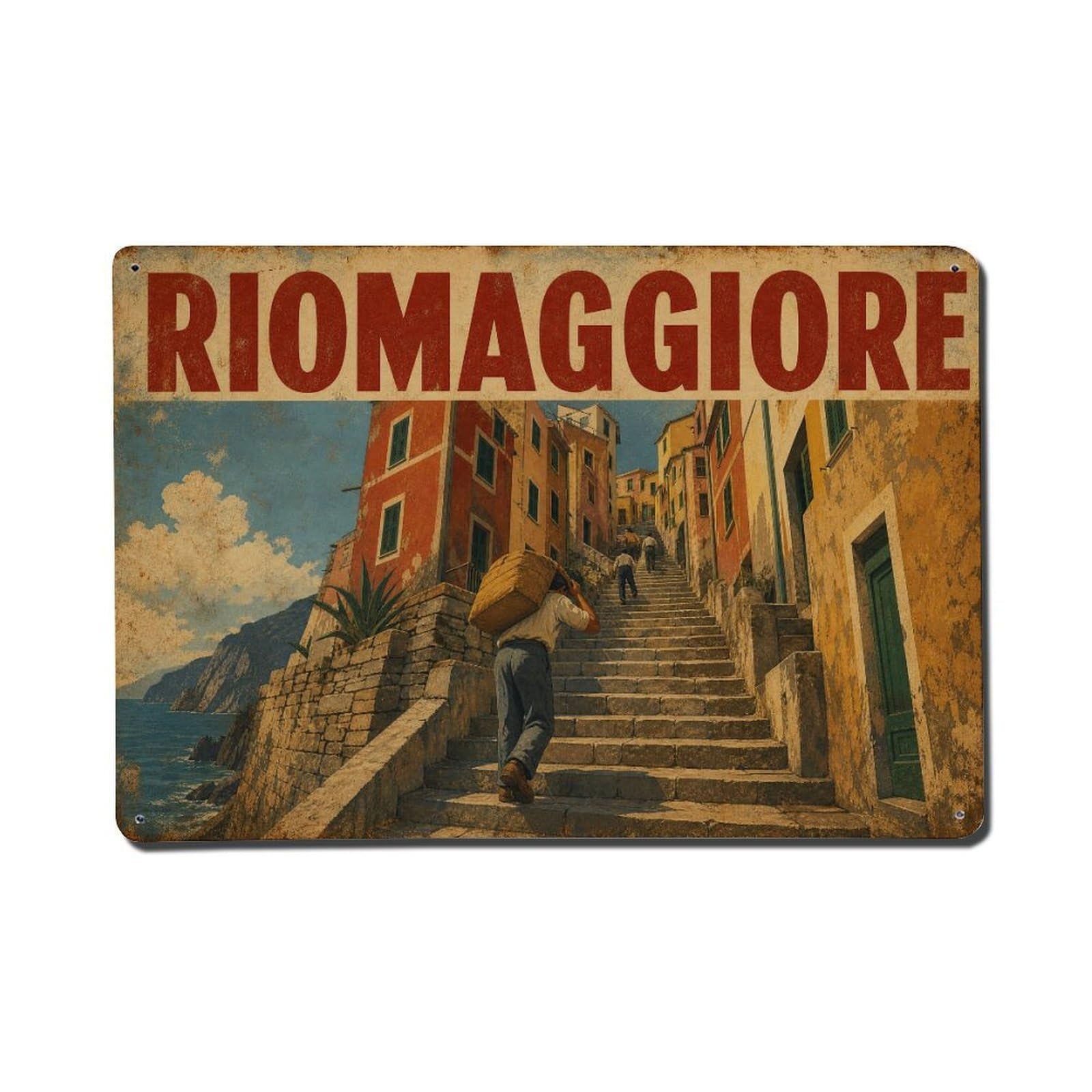Vintage Travel Riomaggiore Stairs Climbing Street Steps Italy Metal Tin Sign