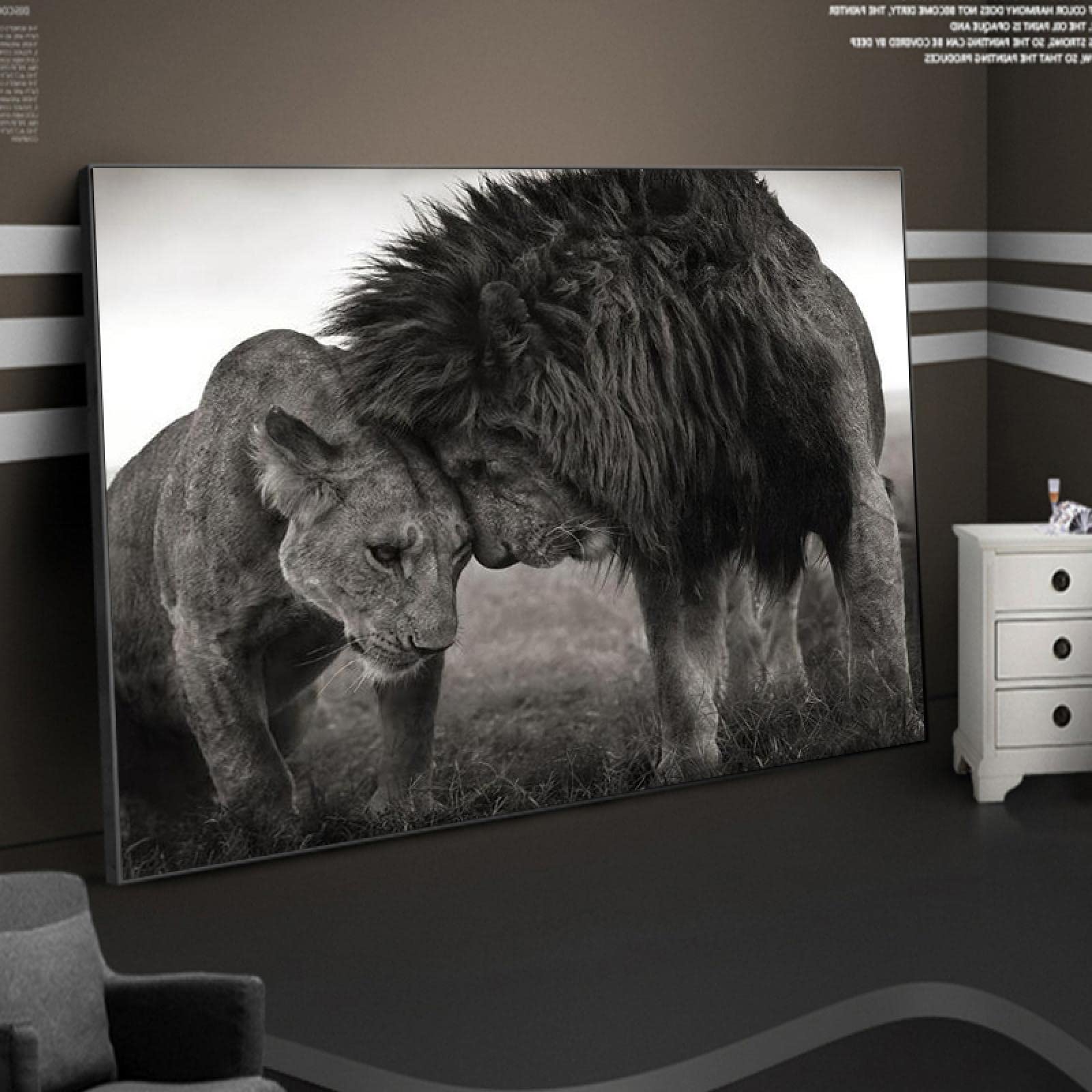 Lwy rodzina głowa do głowy obrazy na płótnie dekoracja sypialni czarno-białe plakaty i druki płótno zwierzęta zdjęcia Home Decor 38x50cm wewnętrzna ramka