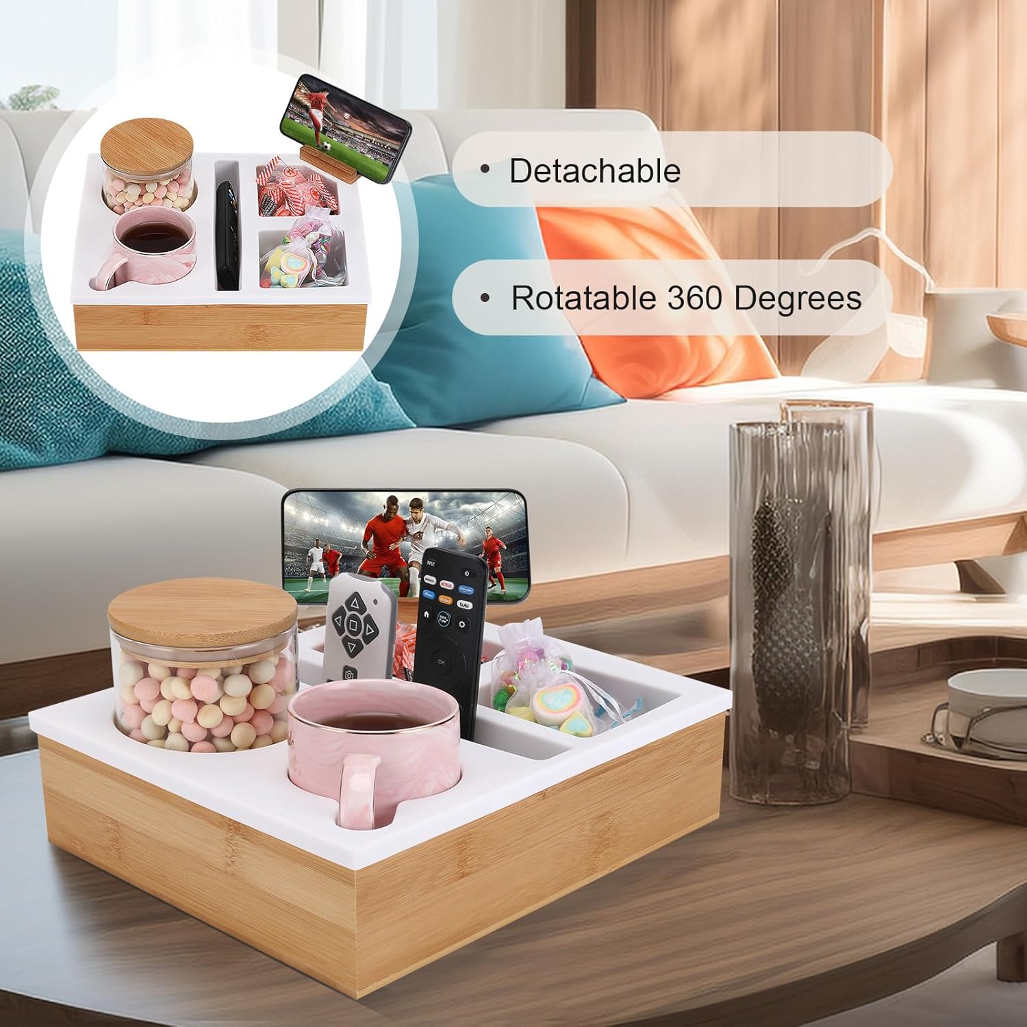 Couch Caddy with 360° Rotating Phone Holder, Bamboo Base and Food-Grade Silicone Top, Multi-Functional Couch Cup Holder Tray, Perfect Bed Cup Holder and Couch Console (White)