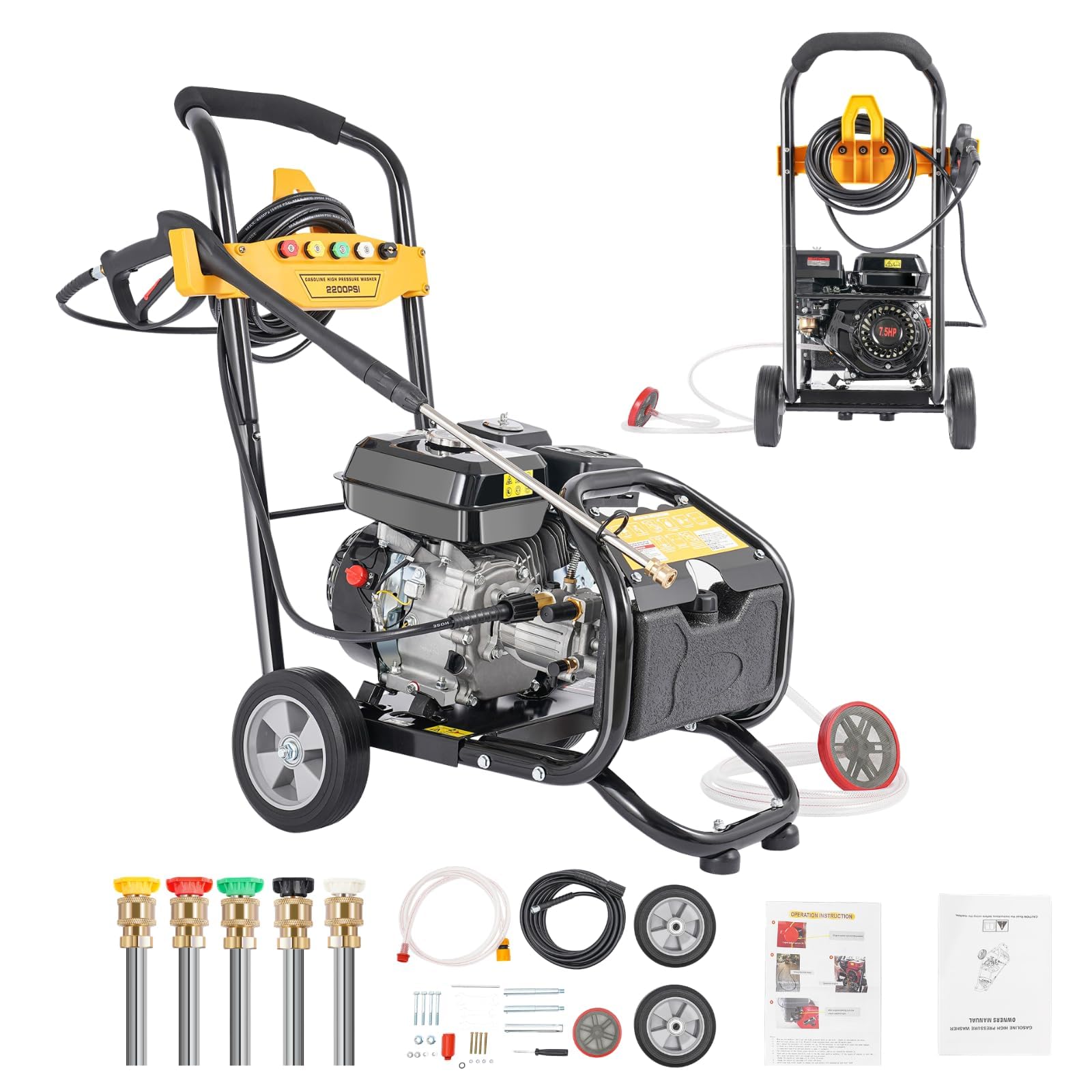 Idropulitrice Portatile 2200PSI, 7.5HP 3400 RPM Idropulitrice a Scoppio, Idropulitrice professionale 150 Bar con 5 Ugelli, Idropulitrice ad alta pressione portatile per Auto, Patio, Pareti