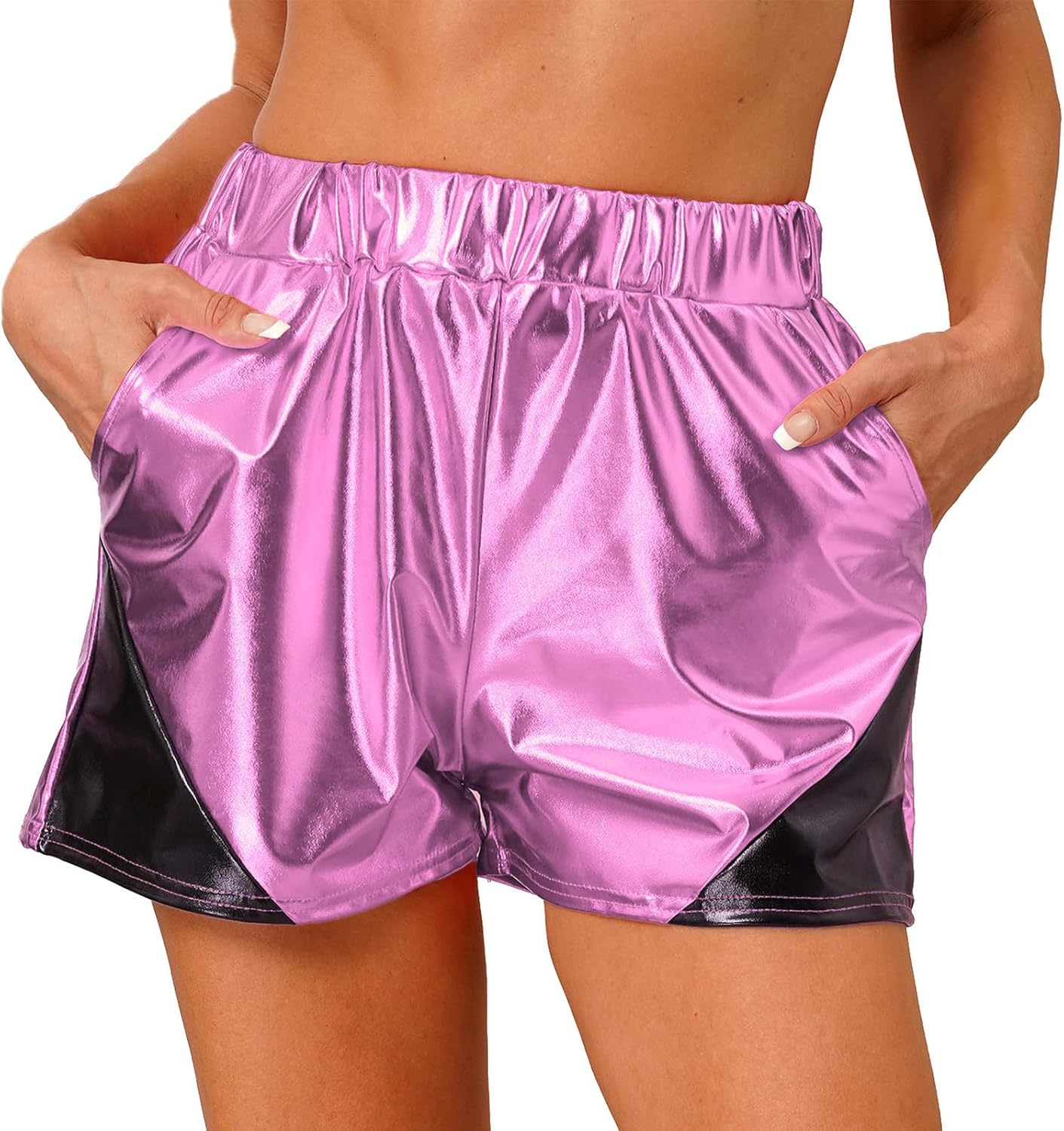 Women's High Waist Wide Leg Stretchy Waist Colorblock Metallic Dance Shorts with Pockets