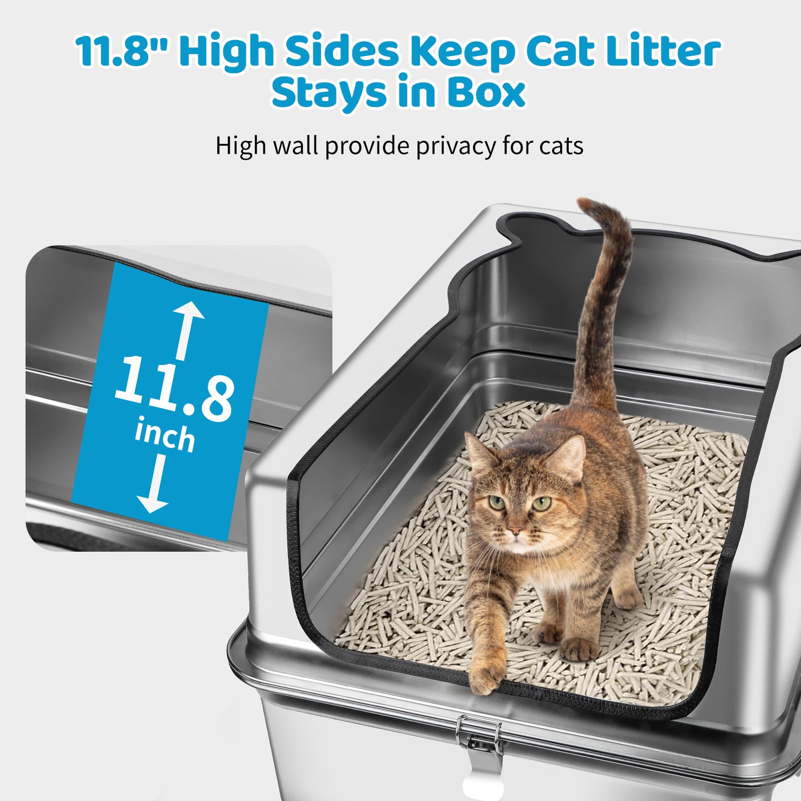 Extra large lettiera per gatti in acciaio inox, XXXL 70 x 50 x 30CM lettiera gatto semi-chiusa rimovibile in metallo con copertura a lati alti, paletta, non appiccicosa, facile da pulire