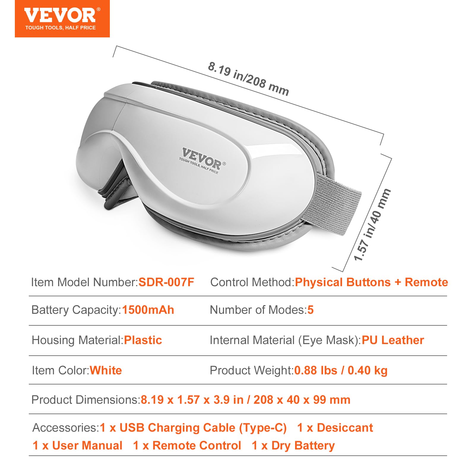 VEVOR Masajeador de Ojos Plegable con Calor y Control Remoto, con 5 Modos y Música Bluetooth, 180° para Fatiga Visual, Ojos Secos, Ojeras, Regalo Ideal para Mamá/Papá, Blanco, 208 x 40 x 99 mm