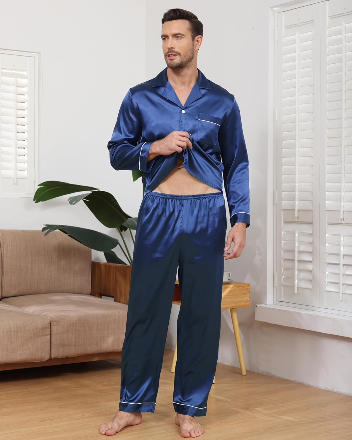Mens Silk Pajama Set Satin Pajamas Set for Men Long Sleeve Button-Down Sleepwear Loungewear with Pants - Image 2