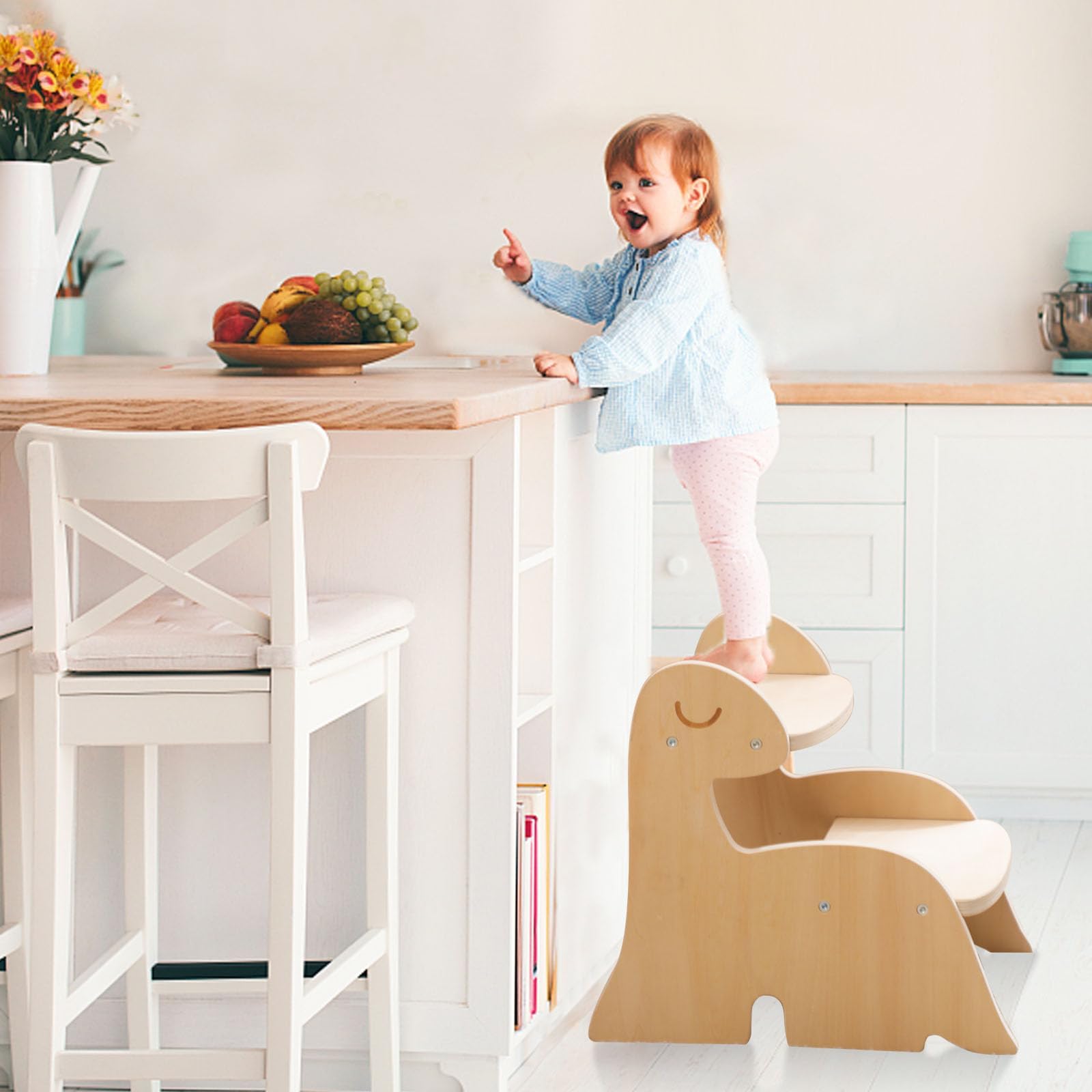 Sgabello in legno per bambini, torre di apprendimento Montessori, torre di apprendimento per bambini, dinosauro, sgabello a 2 livelli, mobili per bambini con animale, dinosauro