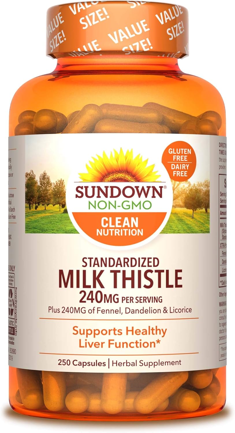 Milk Thistle by Sundown, Herbal Supplement, Supports Liver Health, Non-GMO, Free of Gluten, Dairy, Artificial Flavors, 80% Silymarin, 250 Capsules : Health & Household