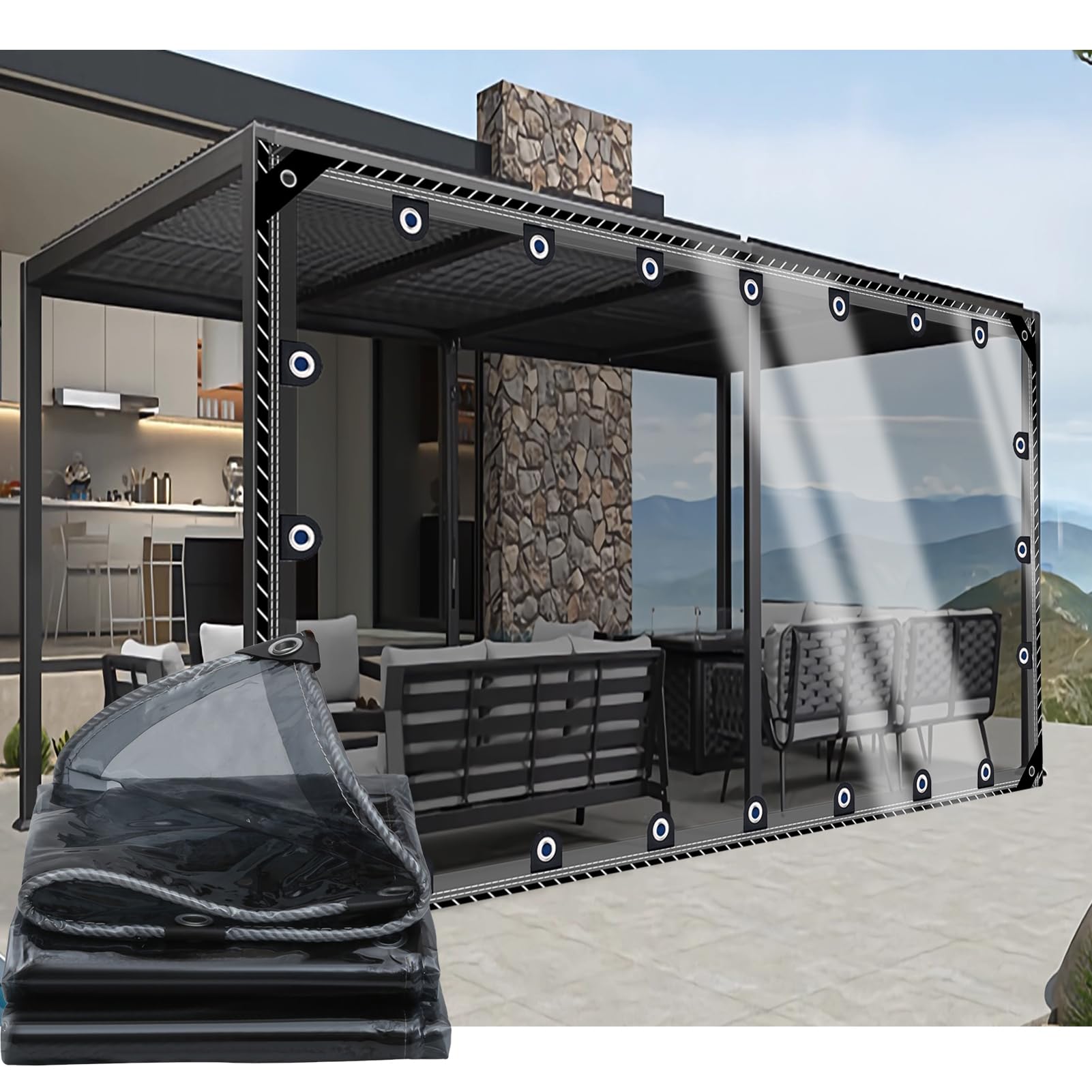 Plane Transparent mit ösen 1.8mx2.8m,Abdeckplane Wasserdicht 0.4mm Wetterfest Faltbar Terrassenplane für Seitenteile Pavillon Gartenmobel Balkon LKW,Schwarz Plane Nach Maß