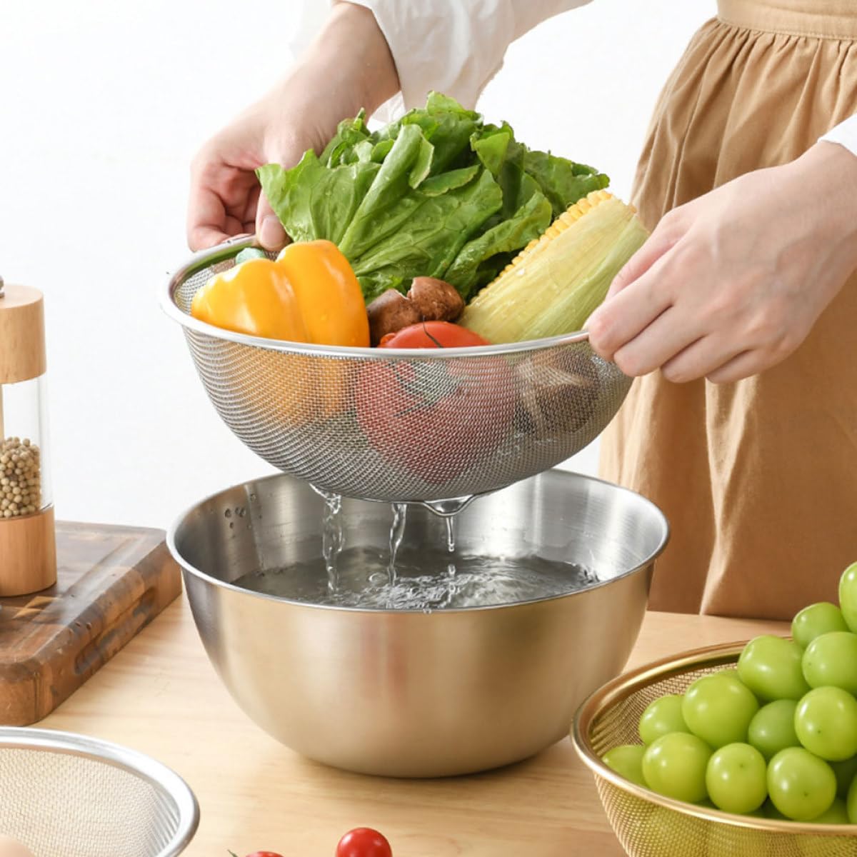 Set di Scolapasta in Acciaio Inox per Frutta e Verdura Filtro Fine, Design Semplice che Risparmia ed Energia, per Lavare e Drenare