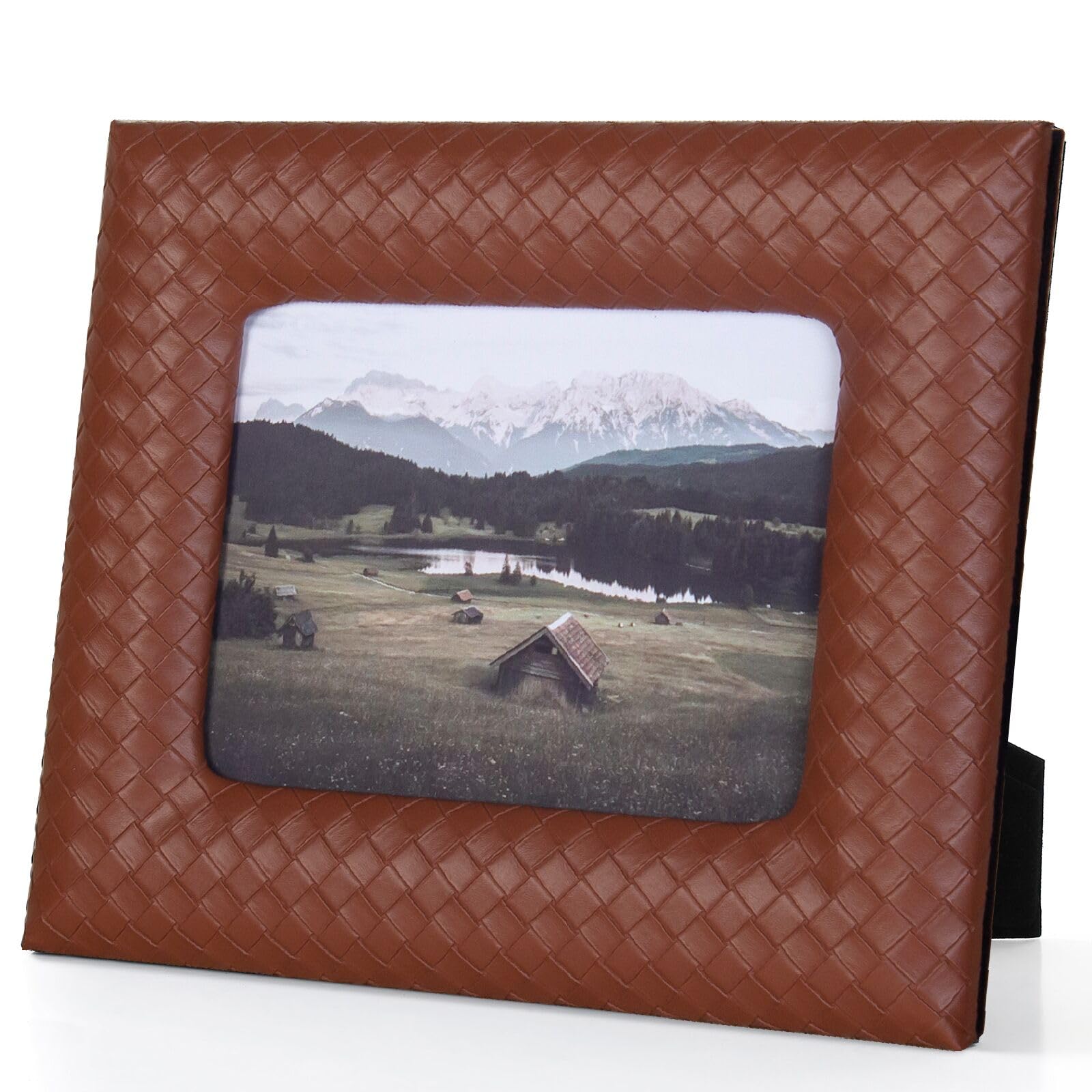 Cadre photo moderne 4x6 pour table et mur en faux cuir marron tissé