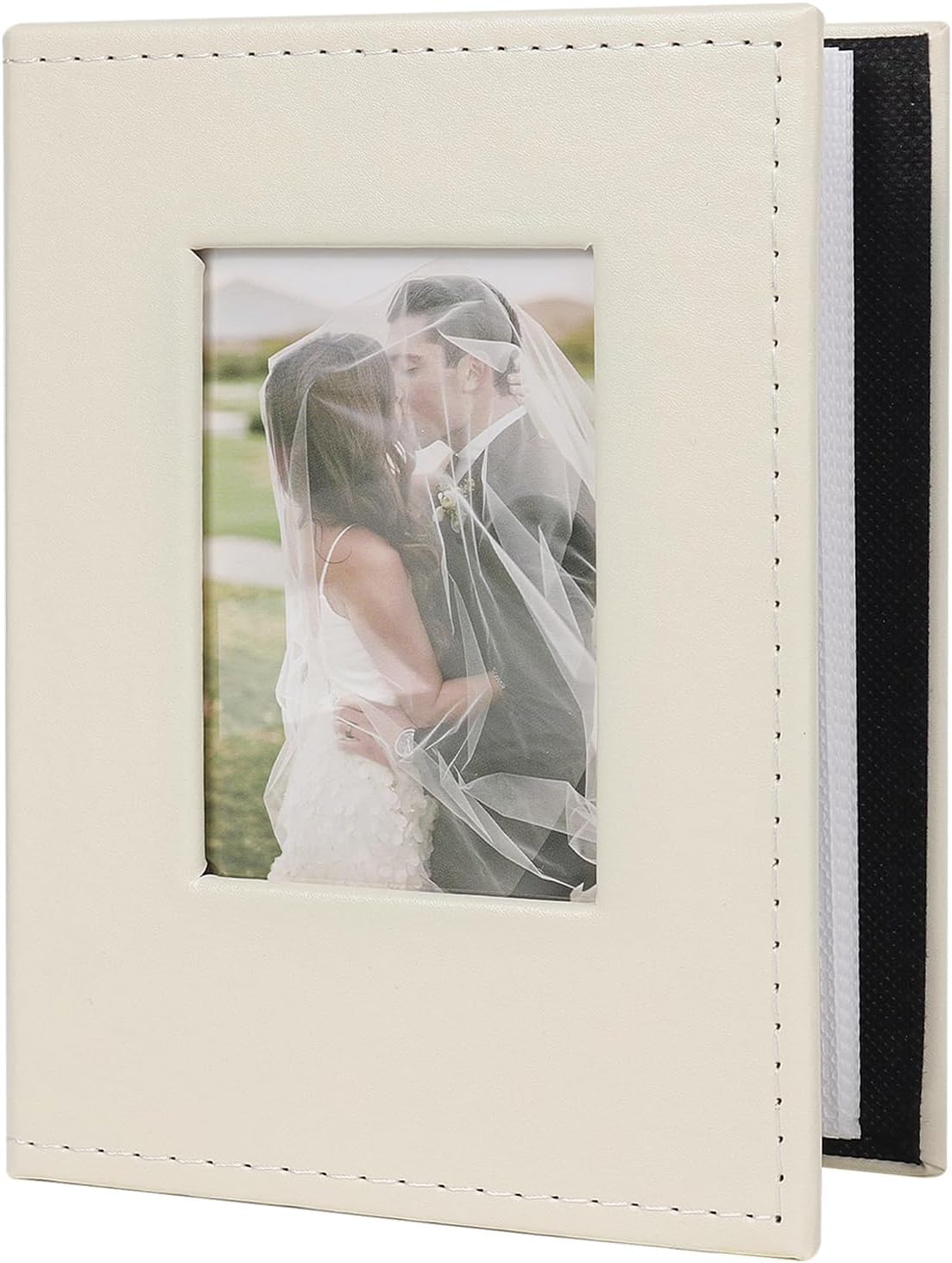 RECUTMS 100 4x6 Small Photo Album with Front Window, Premium Leather Cover Hold 100 Vertical Photos for Family Wedding Baby Children (Beige)