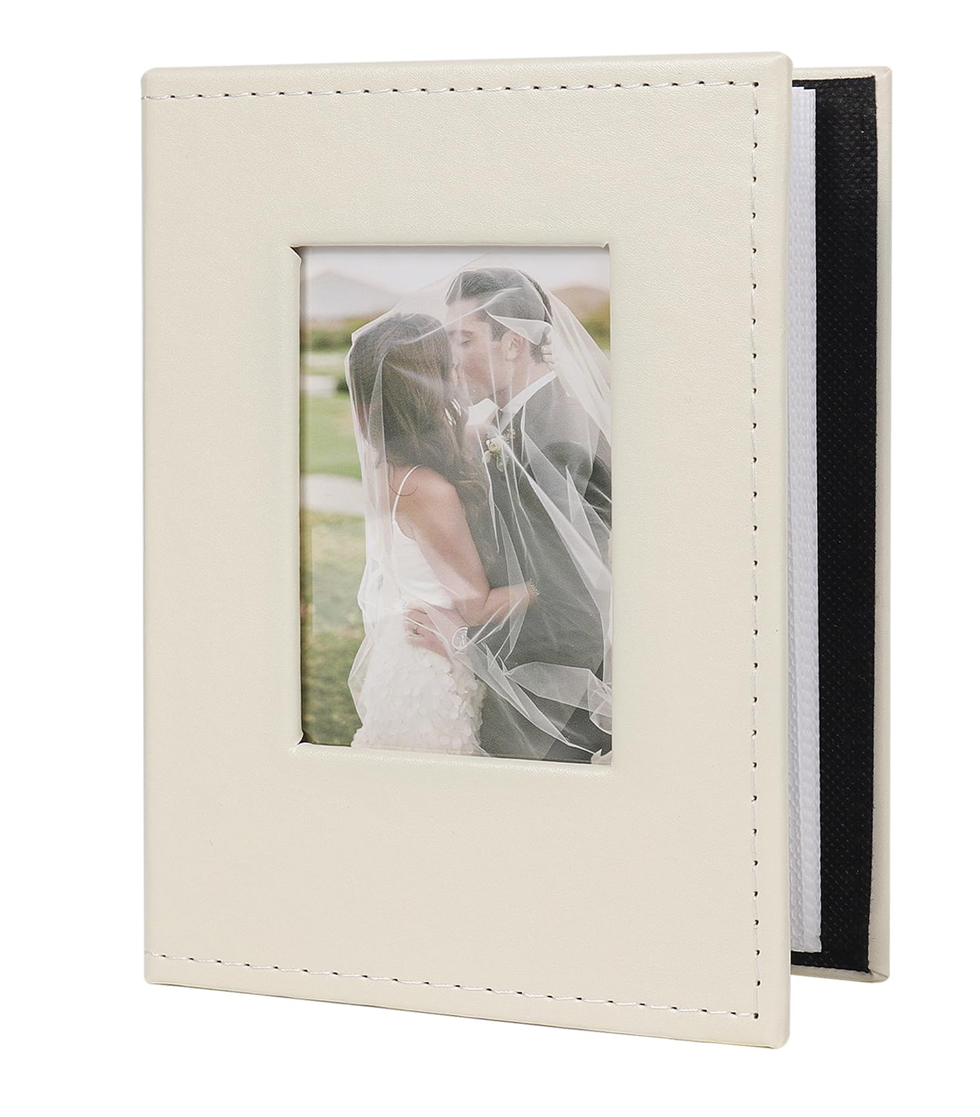 RECUTMS 100 4x6 Small Photo Album with Front Window, Premium Leather Cover Hold 100 Vertical Photos for Family Wedding Baby Children (Beige)