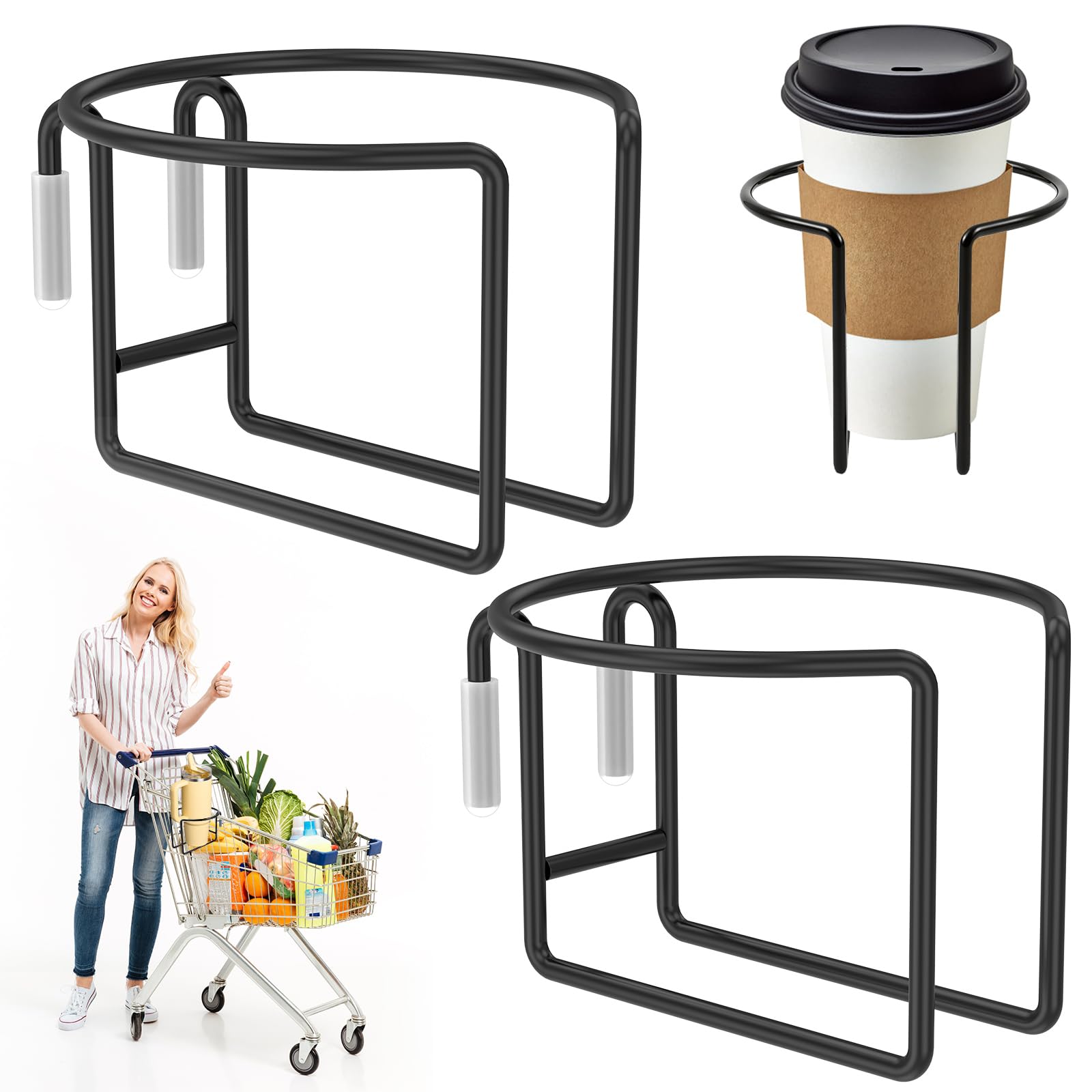 2 Pcs Shopping Trolley Cup Holder, Metal Universal Drink Holder for Shopping Cart, Hanging Coffee Cup Rack with Bottom Bar Fits Up to 3.5 Inch Bottles, Tumblers & Cans