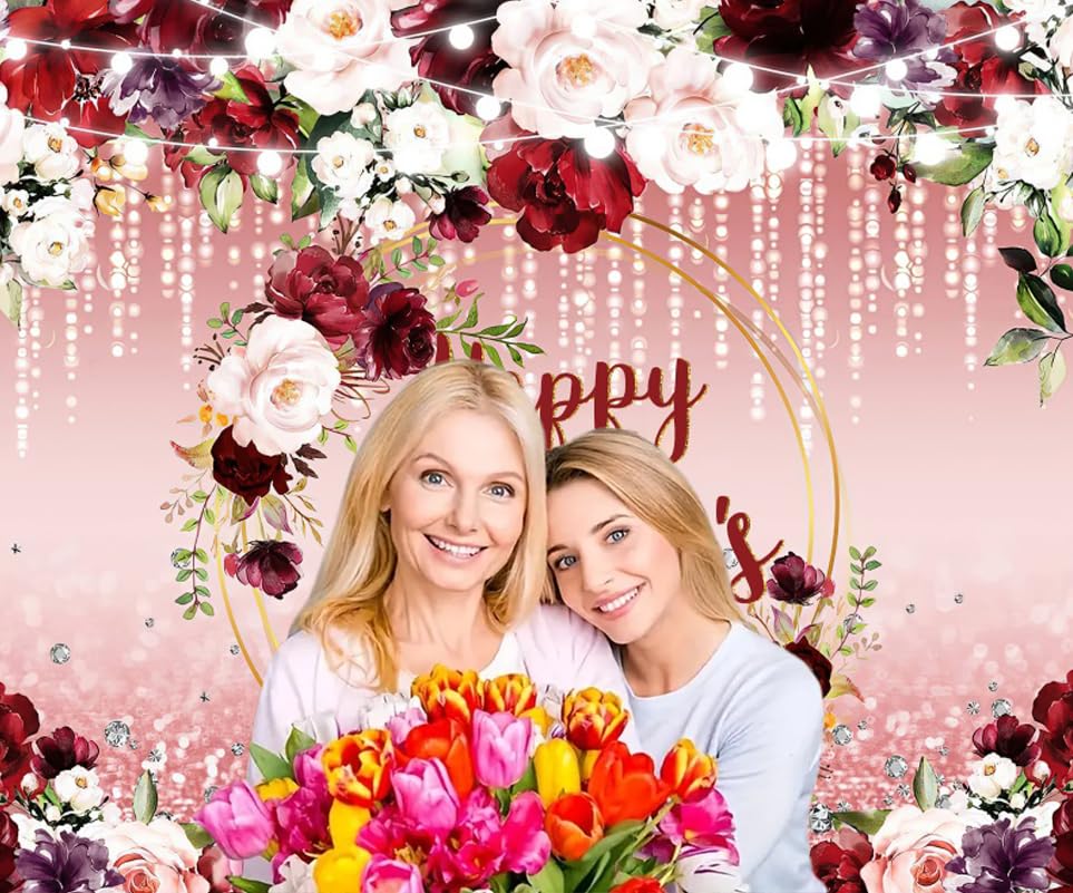 Fotohintergrund „Happy Mother's Day“ – Burgunderrot Mit Floralem Glitzer-Punkt-Design Für Muttertags-Partys & Fotos