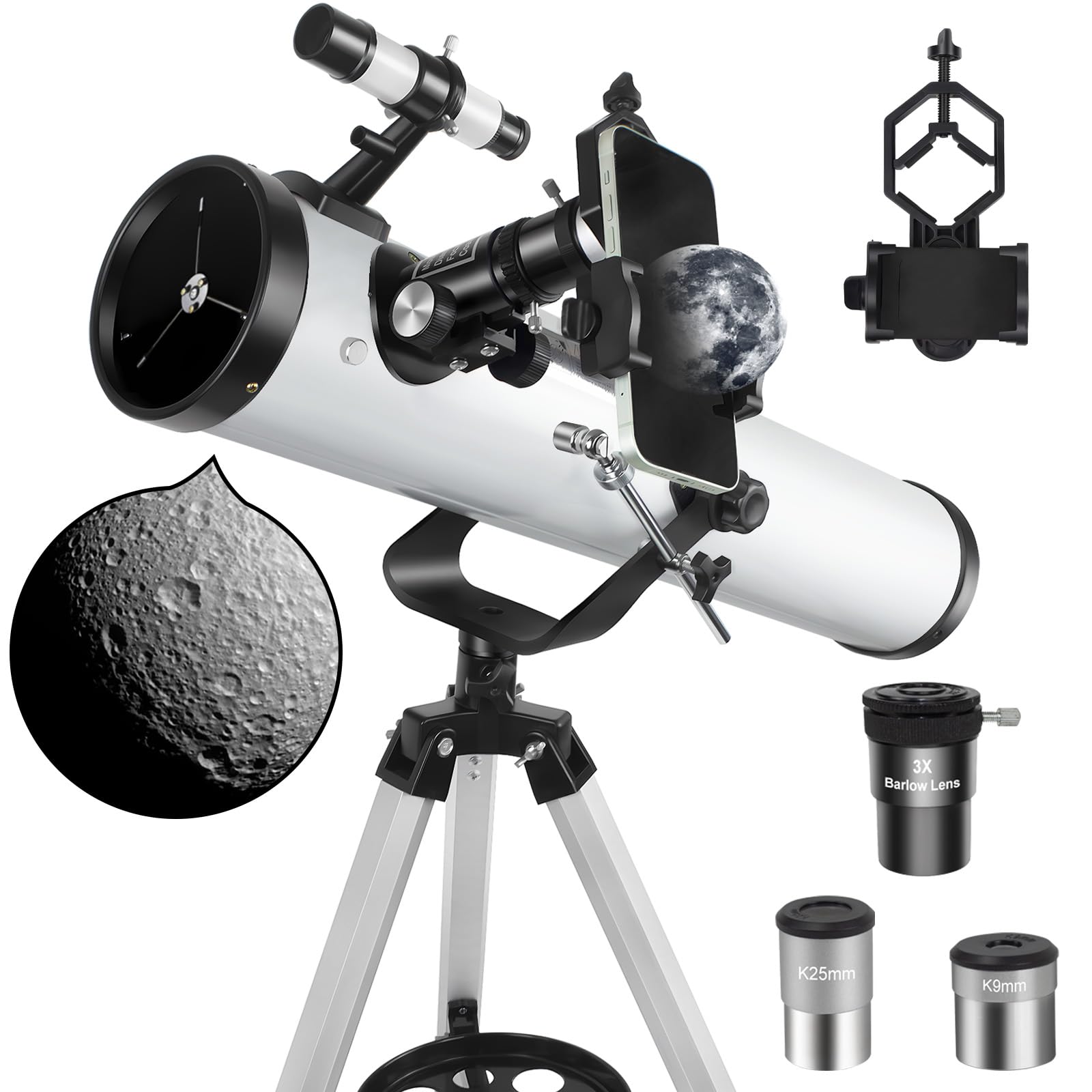 Telescope, 76mm Aperture 700mm Focal Length Astronomy Reflector Telescopes for Adults, Professional Manual Telescope for Kids & Beginners. Comes with K Eyepieces, Adjustable Stainless Tripod（White）