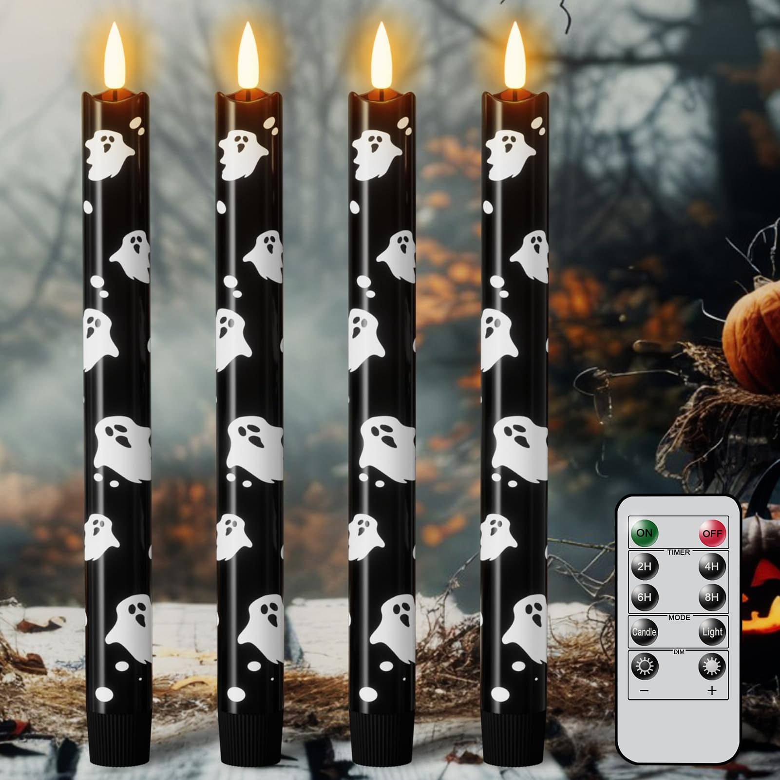 Eldnacele Halloween Ghost Decal Flameless Taper Candles with Remote Timer | Battery Operated LED Candlesticks, 3D Wick Flickering Long Lasting, Black Real Wax Spooky Indoor Decor, 0.78"Dx9.64"H, 4Pack