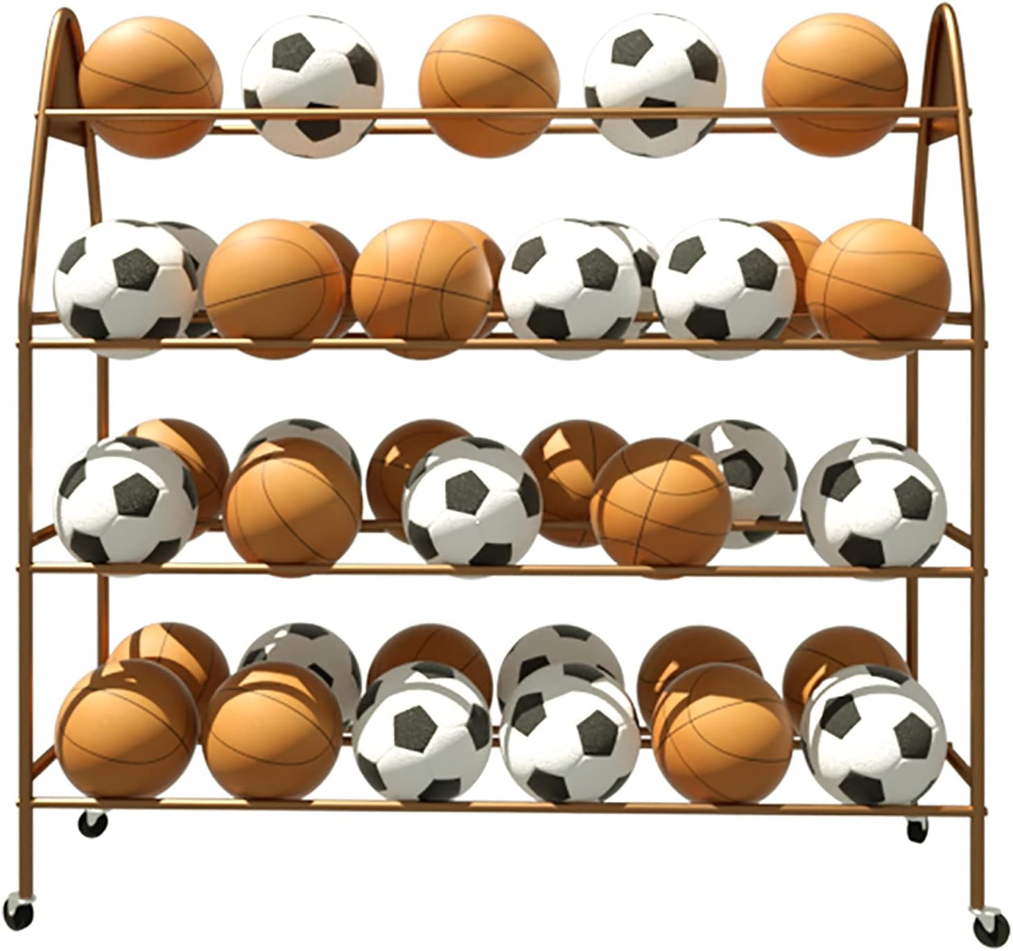 Basketball Storage Rack Cart on Wheels, Indoor/Outdoor Portable Sports Equipment Rack Holder, Children's Mobile 4 Layer Football Storage Rack,Bronze