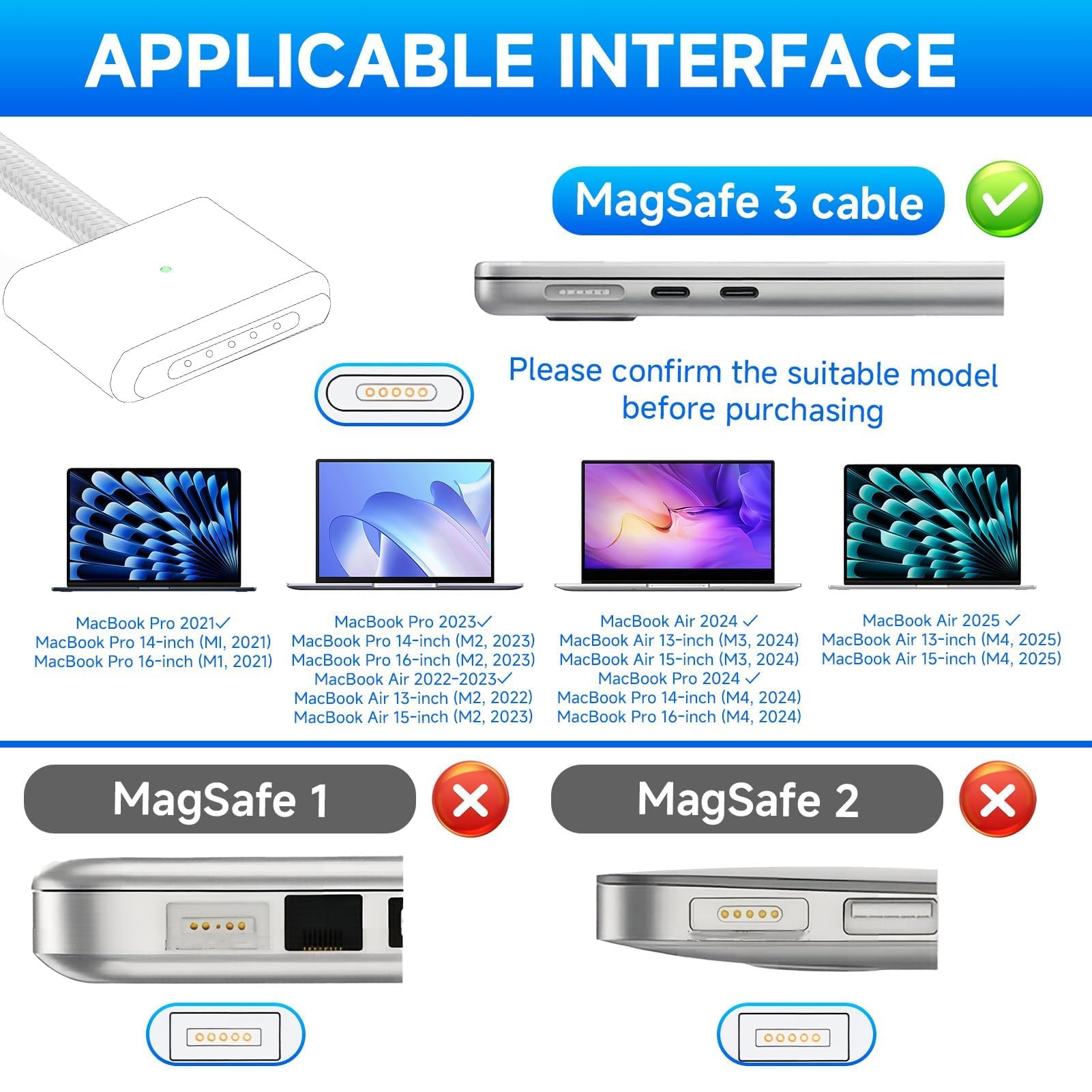 Auravale 140 W Cable USB-C a mag Safe 3, Cable Carga Rapida USB C a mag Safe 3 para Mac Book Air de 15 pulgadas/13 Pulgadas M4 2025, M3 2024, M2 2023, M2 2022, Mac Book Pro de 16 — view 2