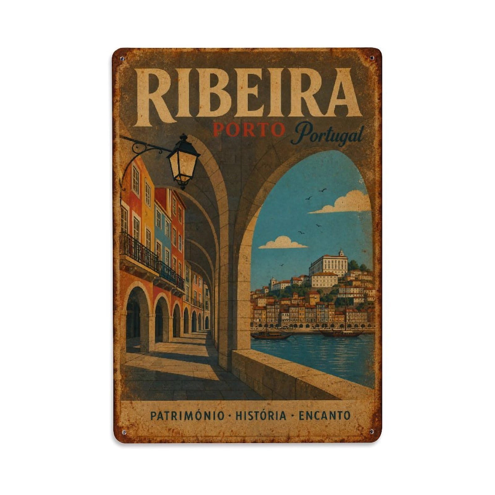 Huiyhb 8X12inch(20X30cm) Vintage Travel Ribeira Arcades Stone Arches Waterfront Portugal Metal Tin Sign