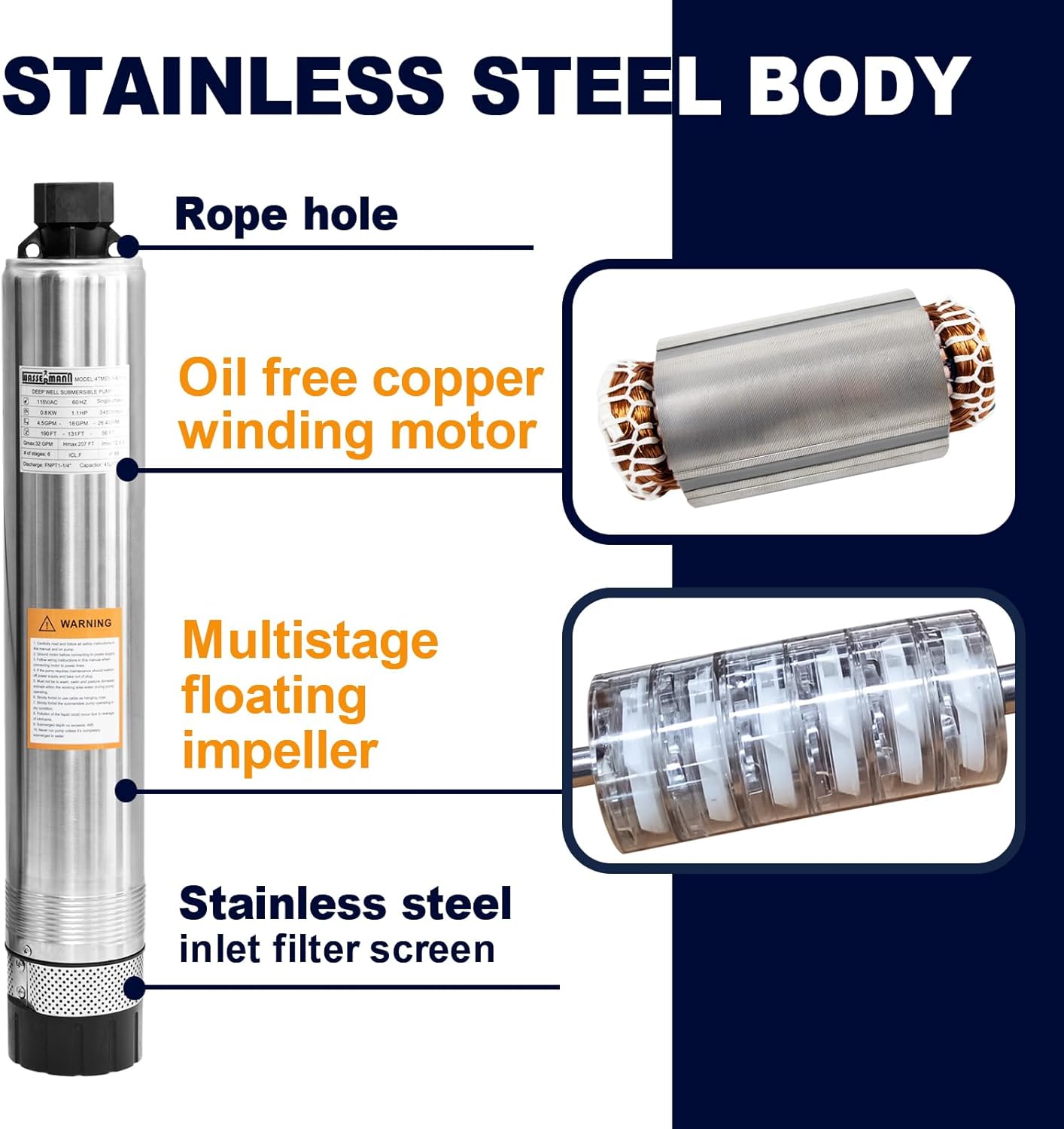 WASSERMANN 4" Effluent/Cistern Bottom Suction Pump with 33FT Cable,1HP,115V/60HZ,32GPM,207FT Head,Stainless Steel Deep Well Submersible Pump for Septic Tank Home and Industrial Agricultural