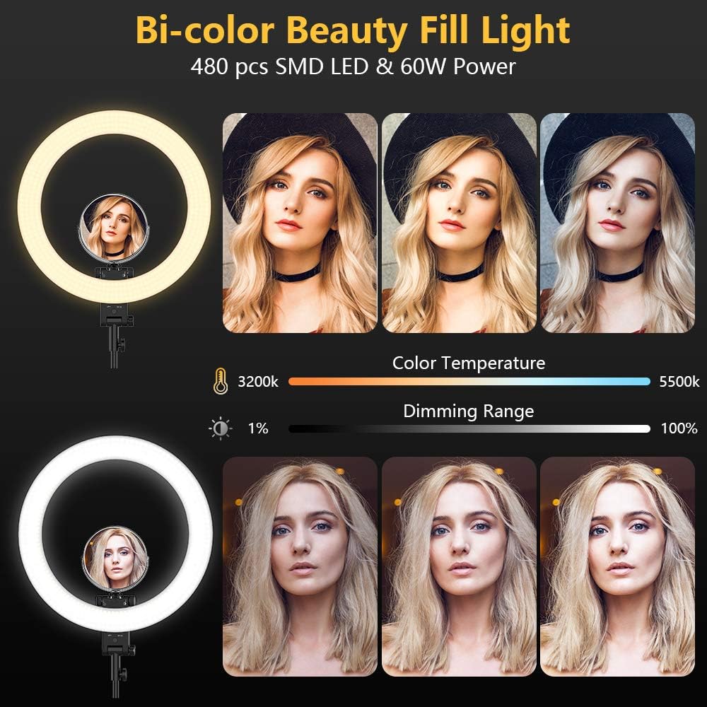 [New Version] Travor 20-INCH Ring Light Kit with Upgrade Light Stand, Dimmable Bi-Color LED Light Ring with USB Charging Port, Mirror, Carry Bag for Camera Phone YouTube Makeup TikTok Video Shooting
