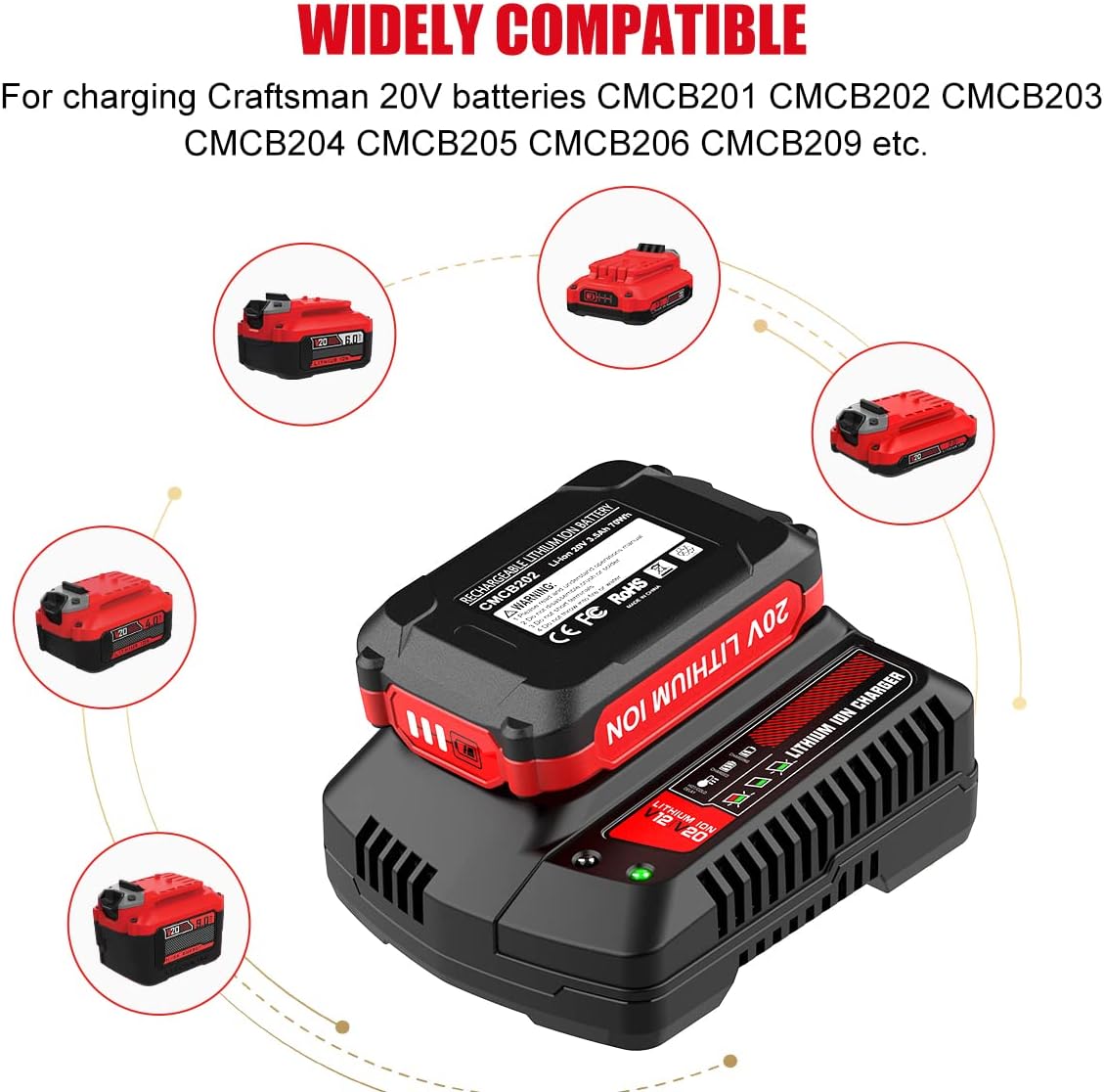 Energup 2Pack 20V 3.5Ah Replacement V20 Craftsman 20V Lithium Battery and Charger Kit for CMCB202 CMCB204 CMCB206 CMCB201 CMCB100 CMCB124 with CMCB104 Craftsman 20Volt Battery Charger - Image 4