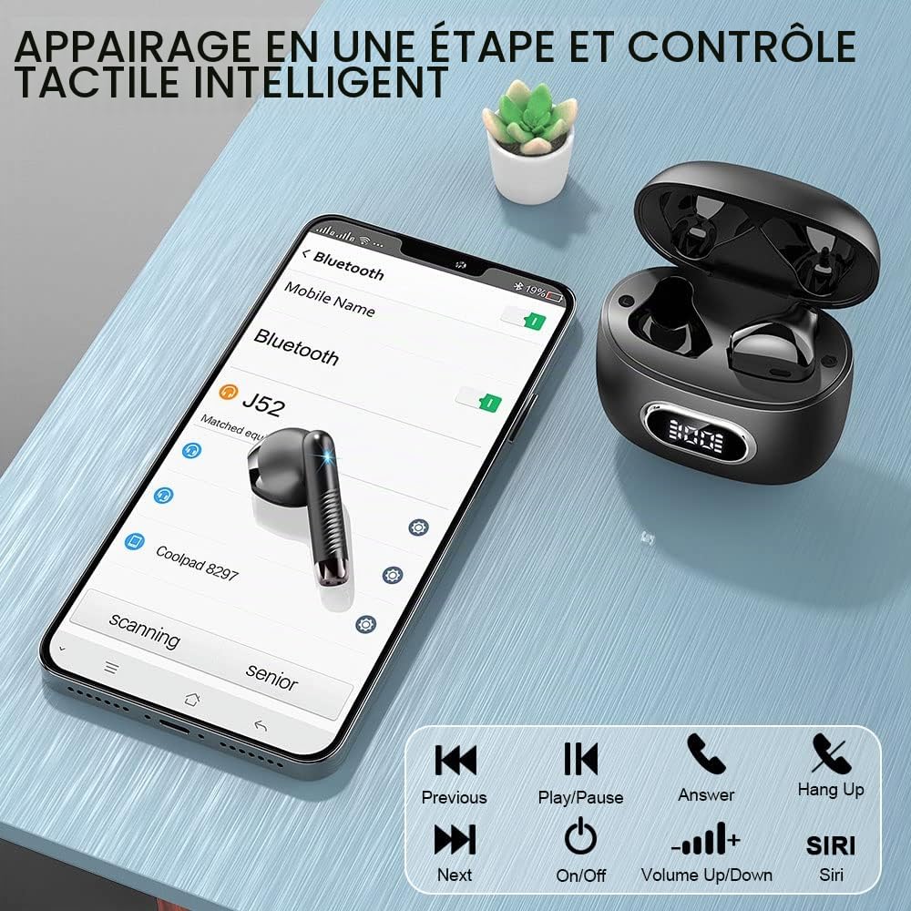 Drsaec Ecouteurs Bluetooth sans Fil, 2024 É couteur Bluetooth 5.3 avec 4 ENC Antibruit Mic, ecouteurs sans Fil 42H Oreillette Blue Tooth, Casque san Fil Sport IP7 Étanche, Écran LED