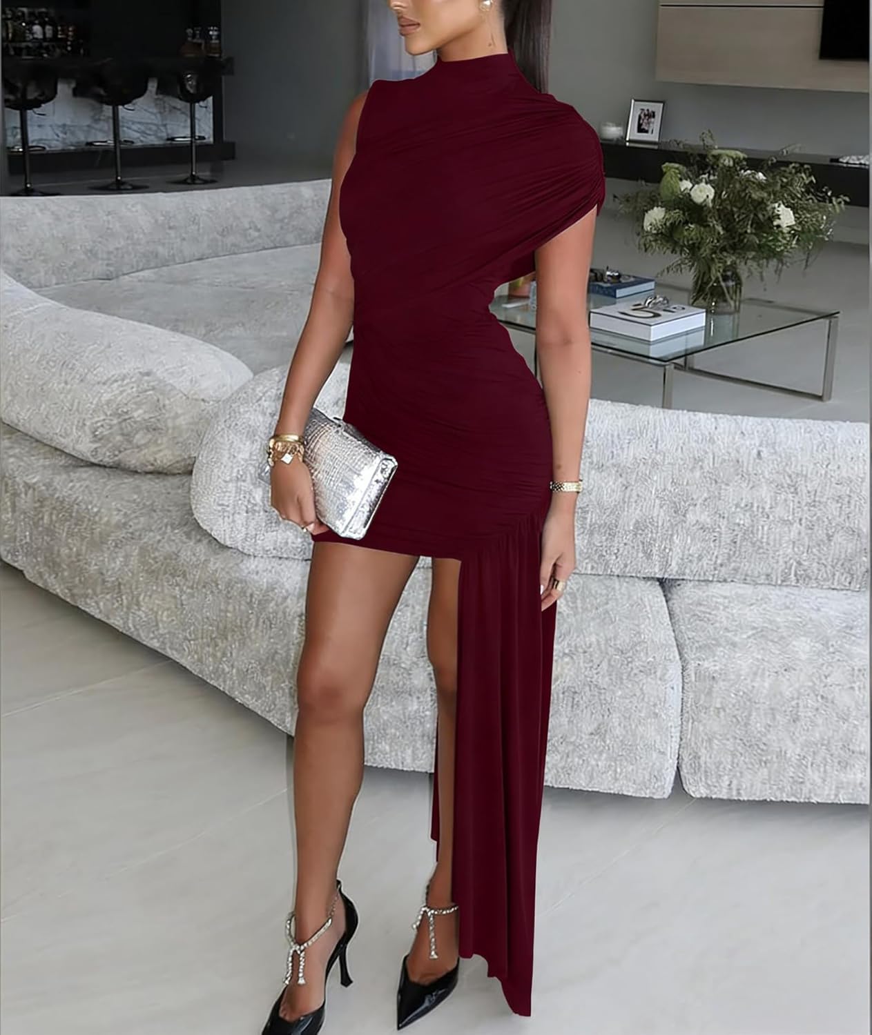 Ophestin Women's Sleeveless Ruched Bodycon Mini Dress Irregular Sexy Elegant Flowy Cocktail Party Club Dresses