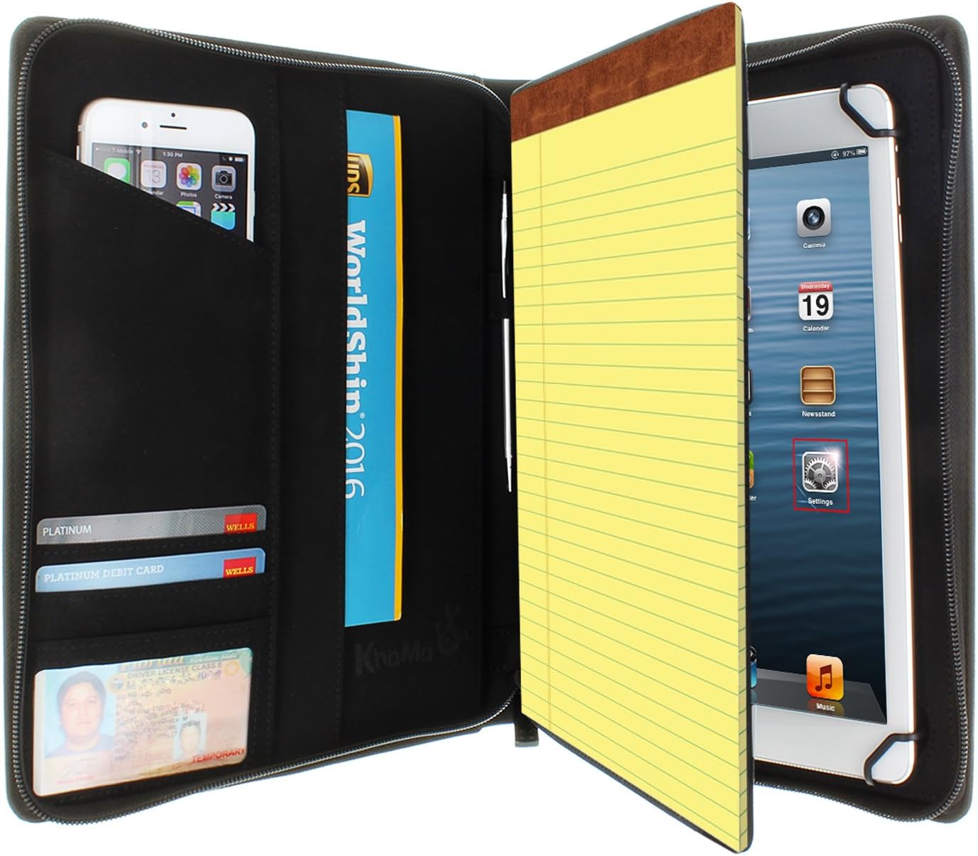 KHOMO Universal Tablet Padfolio Zippered Case for iPad Pro 12.9 Inch - Carbon Fiber Black - Compatible with All Versions of iPad Pro 12.9 inches (KHO-1702)