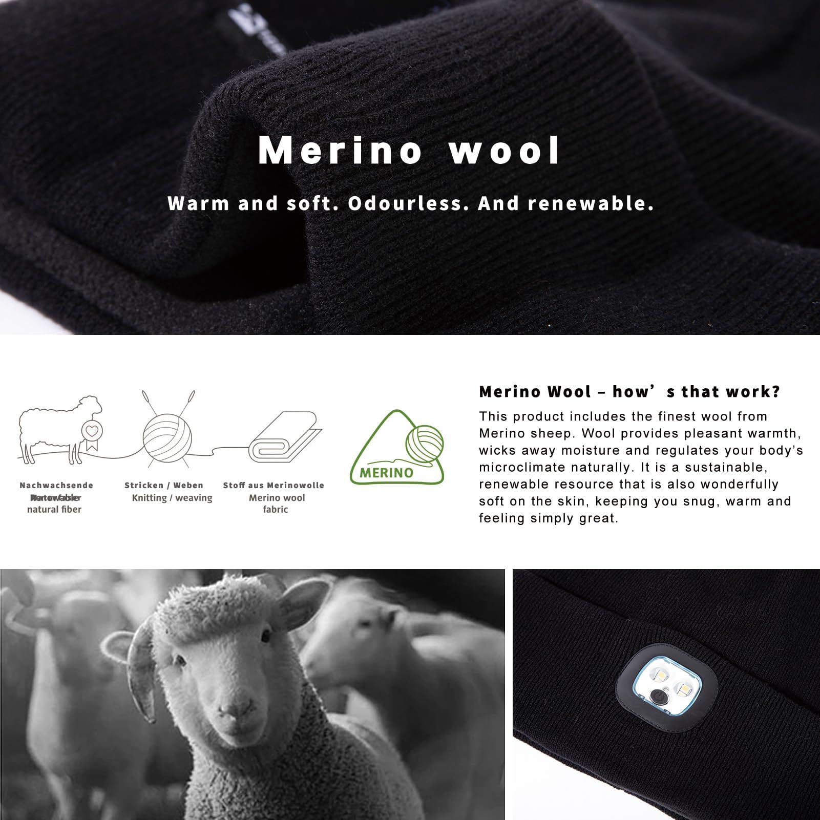 TOP-EX Gorros de lana merino de gran tamaño, XL, XXL, LED, unisex, con antorcha de luz, regalos para papá, impermeables, recargables, para correr, pasear al perro