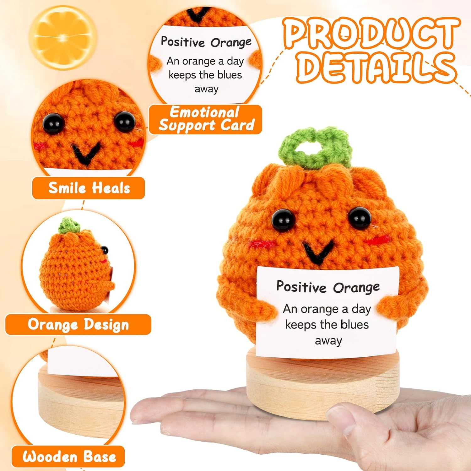 Mini Funny Positive Gifts Emotional Crochet Orange Doll Support Plush Knitted Orange Toy with Positive Card Holiday Valentines Birthday Party Gifts for Women Teacher Appreciation Office Decor