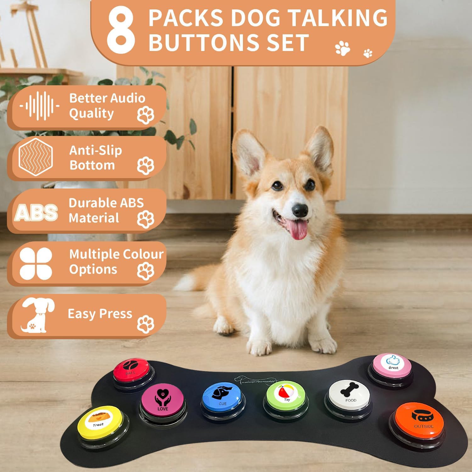 Juego de 8 botones para perros, botones para perros, botones para mascotas para comunicación, botones para escribir, incluye almohadillas, 50 pegatinas para entrenar a tu perro para enseñar a