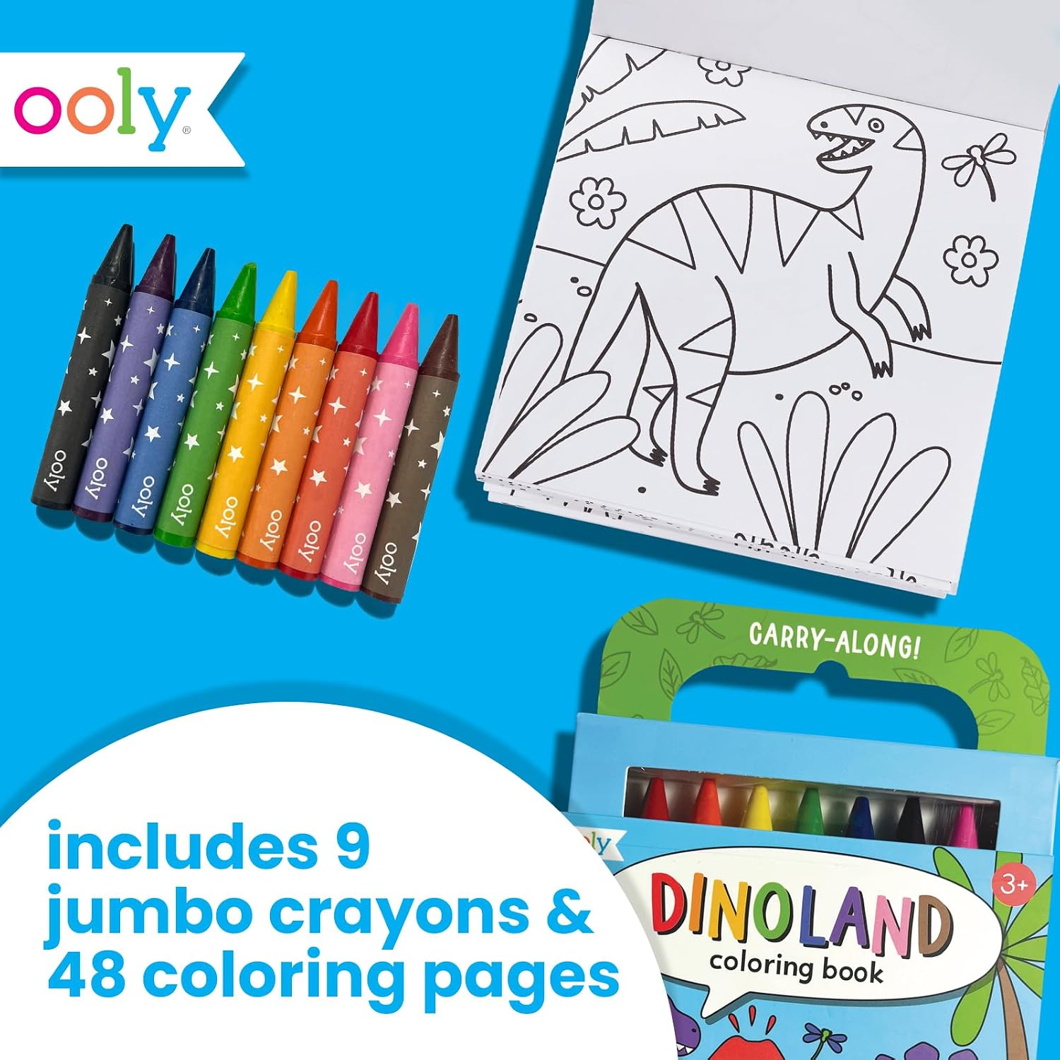 Ooly Travel Art Kit with 9 Jumbo Crayons & 48 Themed Coloring Pages & Case for Easy Traveling Art Creation, Perfect Airplane & Road Trip Activities for Kids - Dinoland
