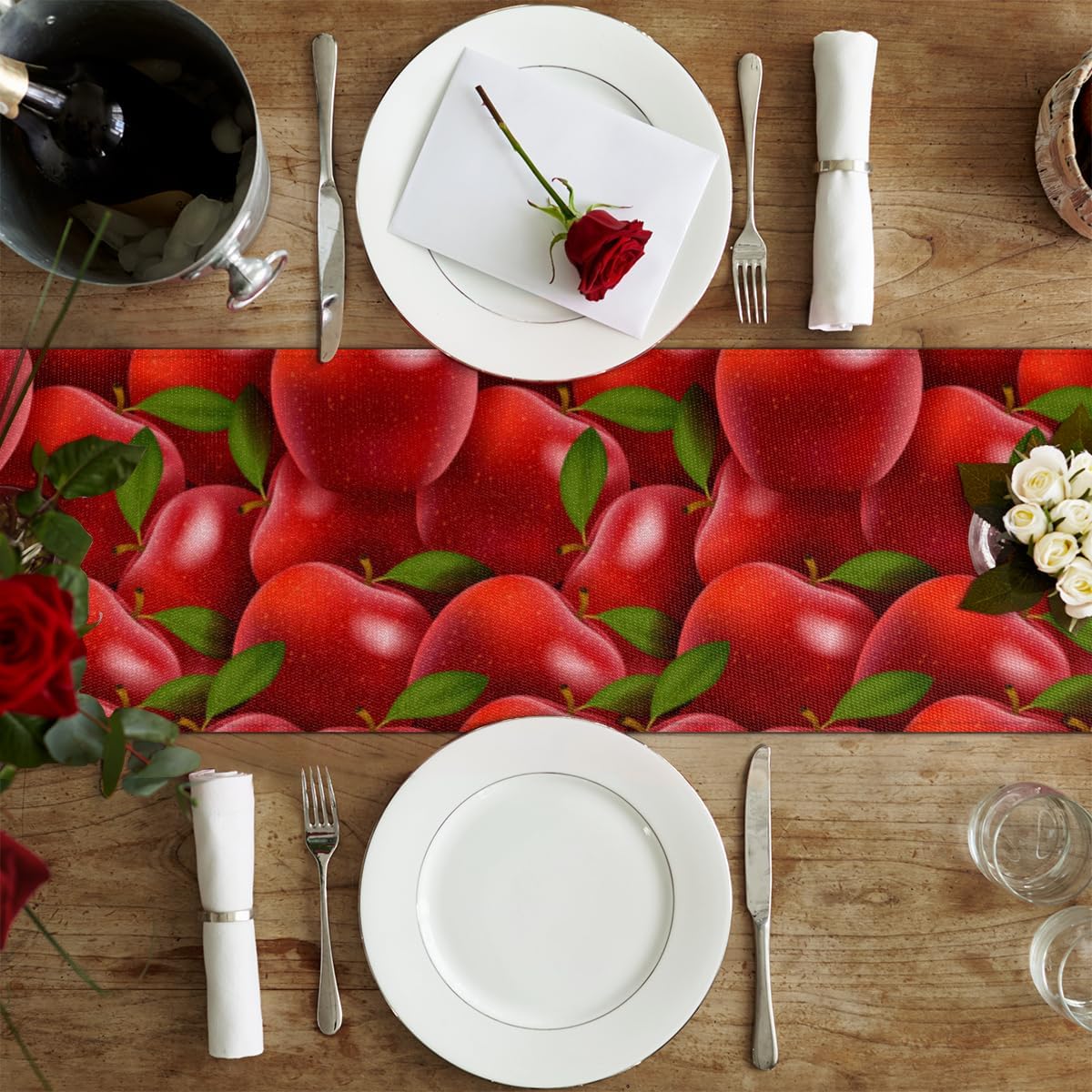 Apples Fruits Linen Table Runner 108 x 13 inches, Kitchen Dining Table Runner Decor for Housewarming Holiday Wedding Home Decoration