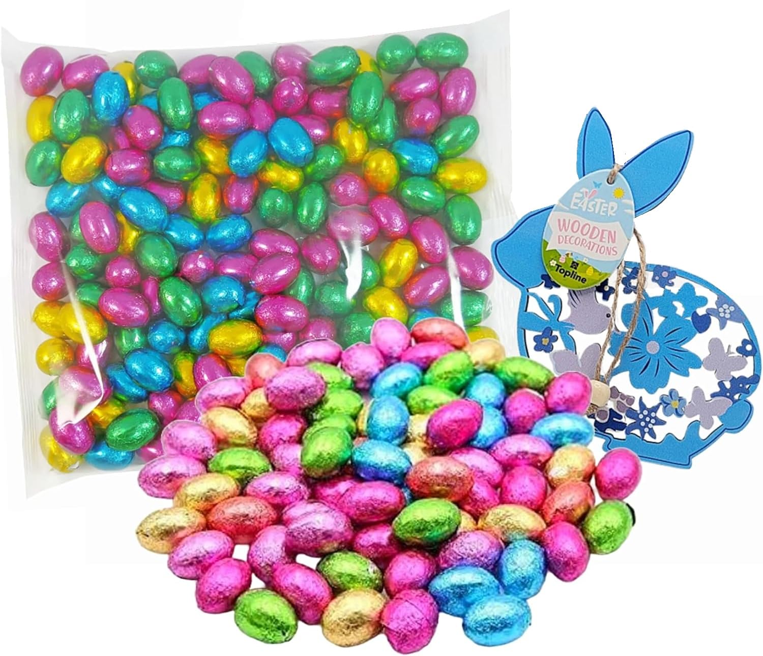 Easter Mini Eggs Chocolate Bulk - Hamper of Solid Milk Chocolate 1kg Colourful Mini Eggs, Topline Wooden Decoration. Great for Easter Gifts, Egg Hunt, Party Bag Fillers