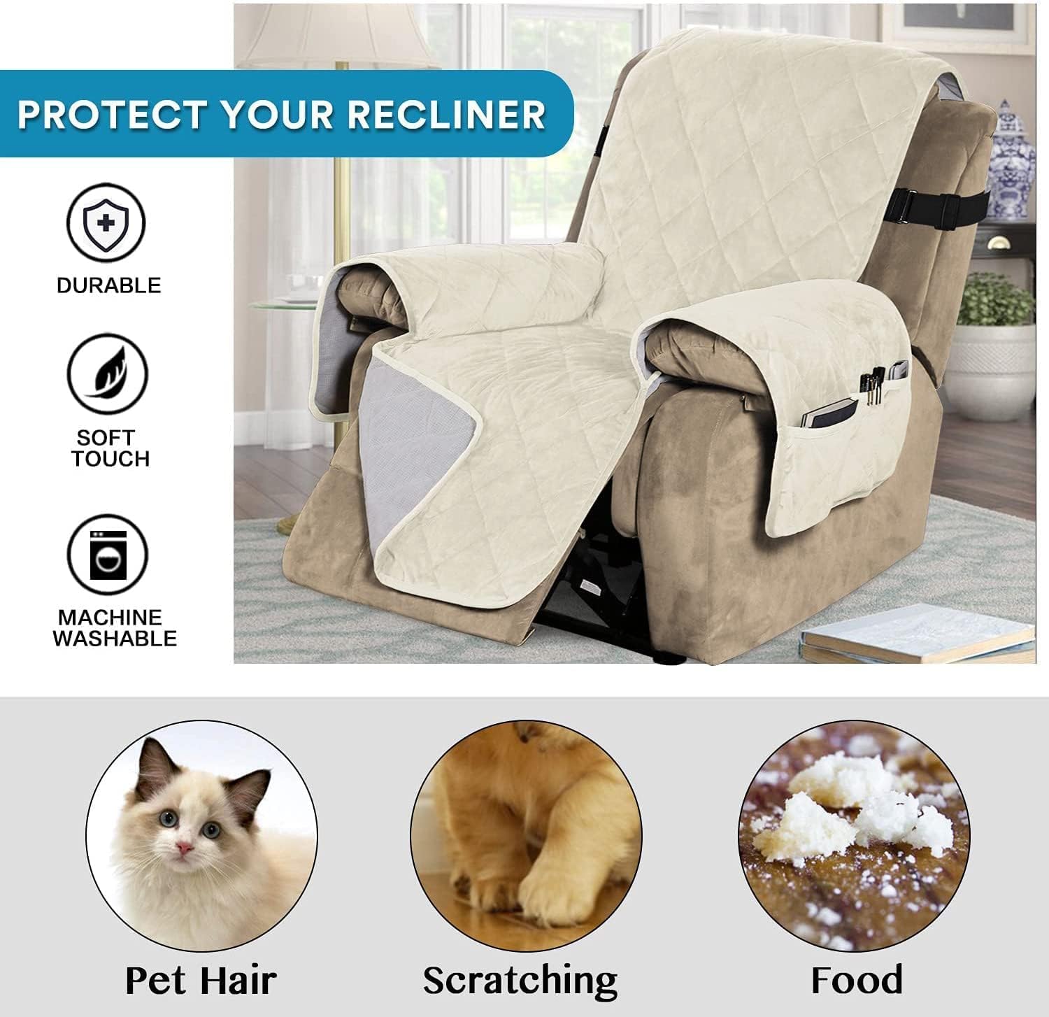 Velvet Recliner Cover Quilted Reclining Chair Slipcover Non Slip Recliner Chair Cover Recliner Couch Cover with Elastic Strap for Living Room (Color : Ivory, Size : 28" Recliner)