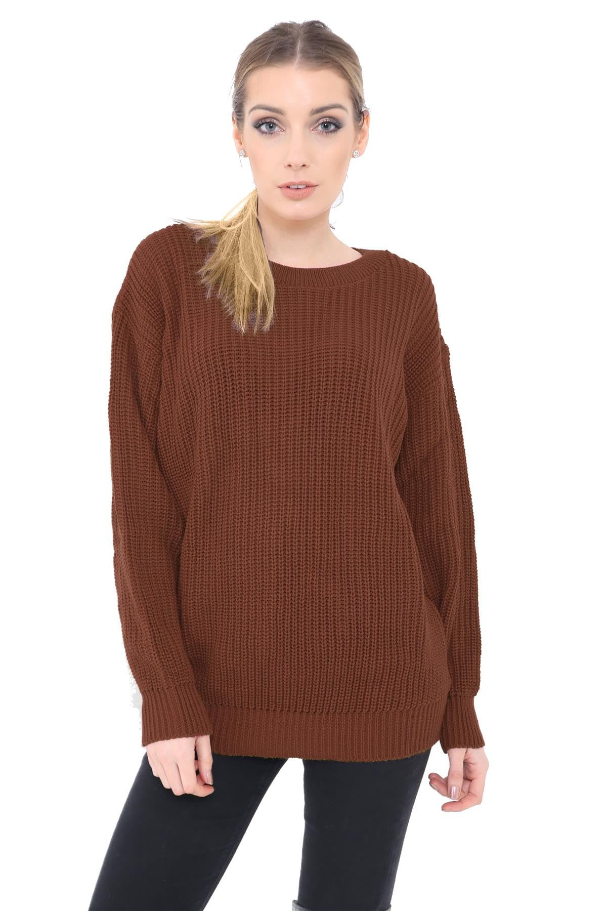 Generation Fashion New Ladies Women Oversized Long Sleeve Knitted Baggy Jumper Sweater Crew Neck Pullover Top[Brown,LXL]