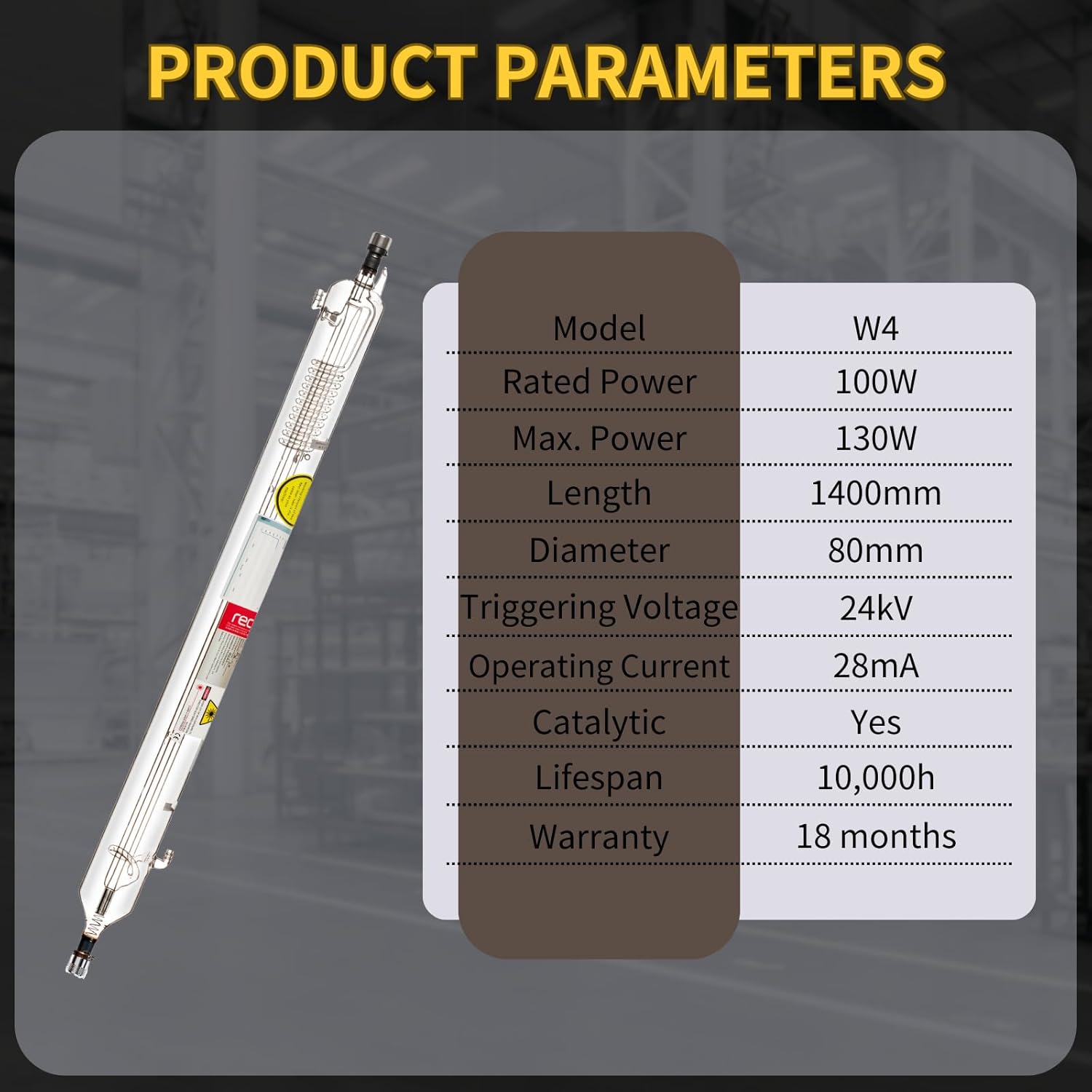 RECI 100W CO2 Laser Tube W4S4 (Peak 130W) 1400mm Duty Free for Laser Engraving Cutting Shipping from US, W4(S4) 100-130W (US Stock.)