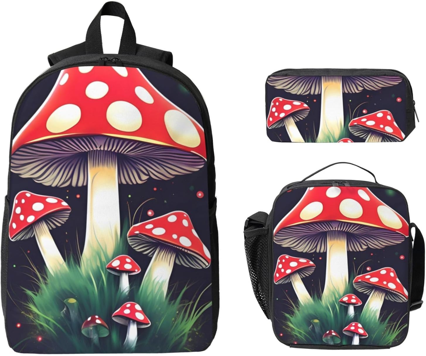 Magic Mushrooms print 3 Piece Backpack Bags with Lunch Box Pencil Case Set for Travel Work Camping Unisex