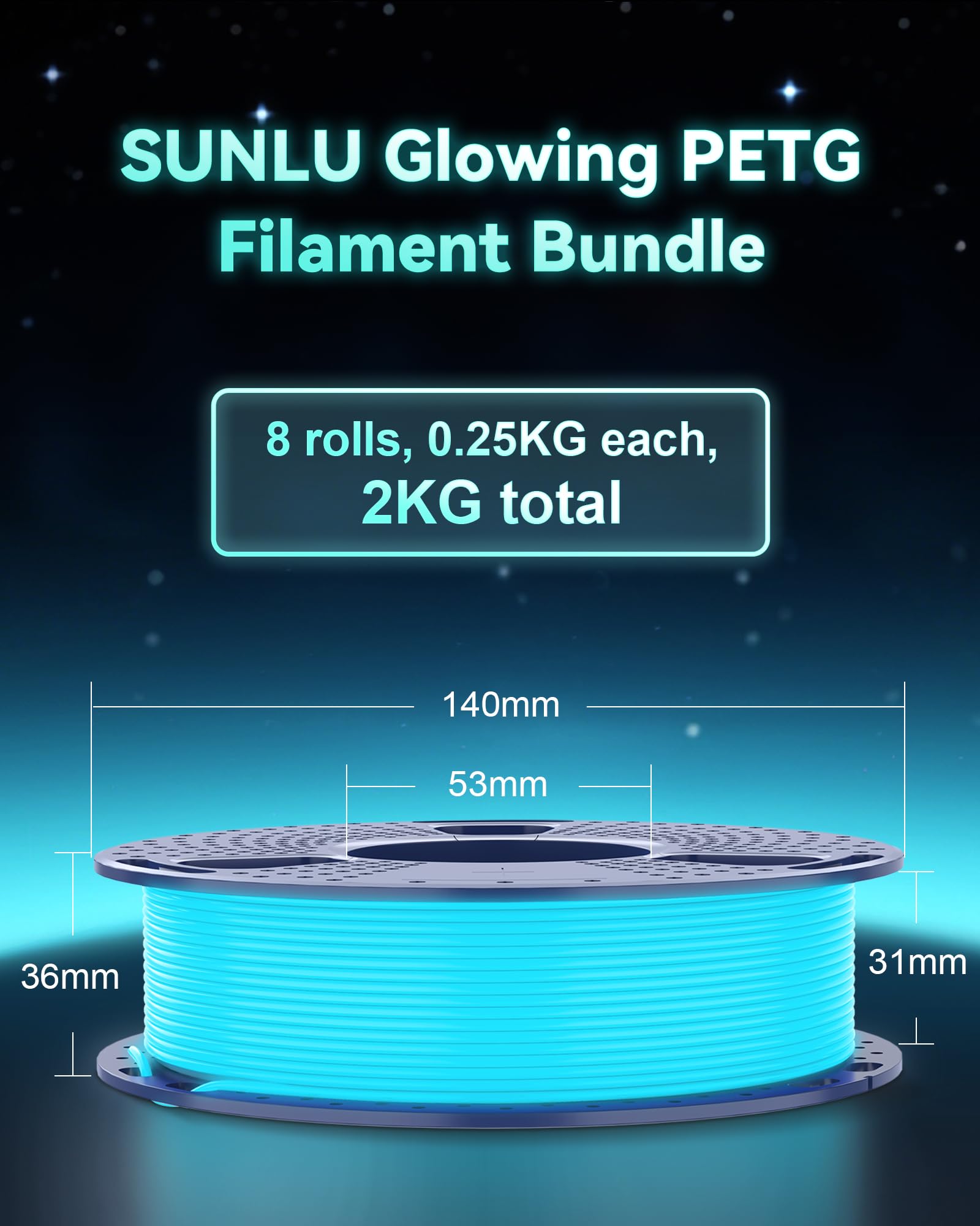 SUNLU Glow PETG Filament Bundle, Glow in the Dark filament do drukarki 3D, żarnik o wysokiej wytrzymałości 1,75 mm, 250 g na szpulę, 8 rolek, (petg czarno-biały z 6 cewkami w kolorze niebieskim