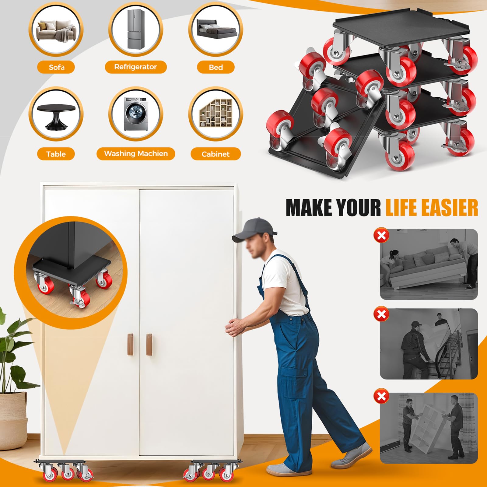 Kit Sollevatore Mobili, Spostare Mobili Pesanti, Kit Spostamento Mobili con Funzione di Parcheggio, Carico 1500 kg, con 5 Ruote Girevoli 360° per Spostamento Facile dei Mobili (Arancione)